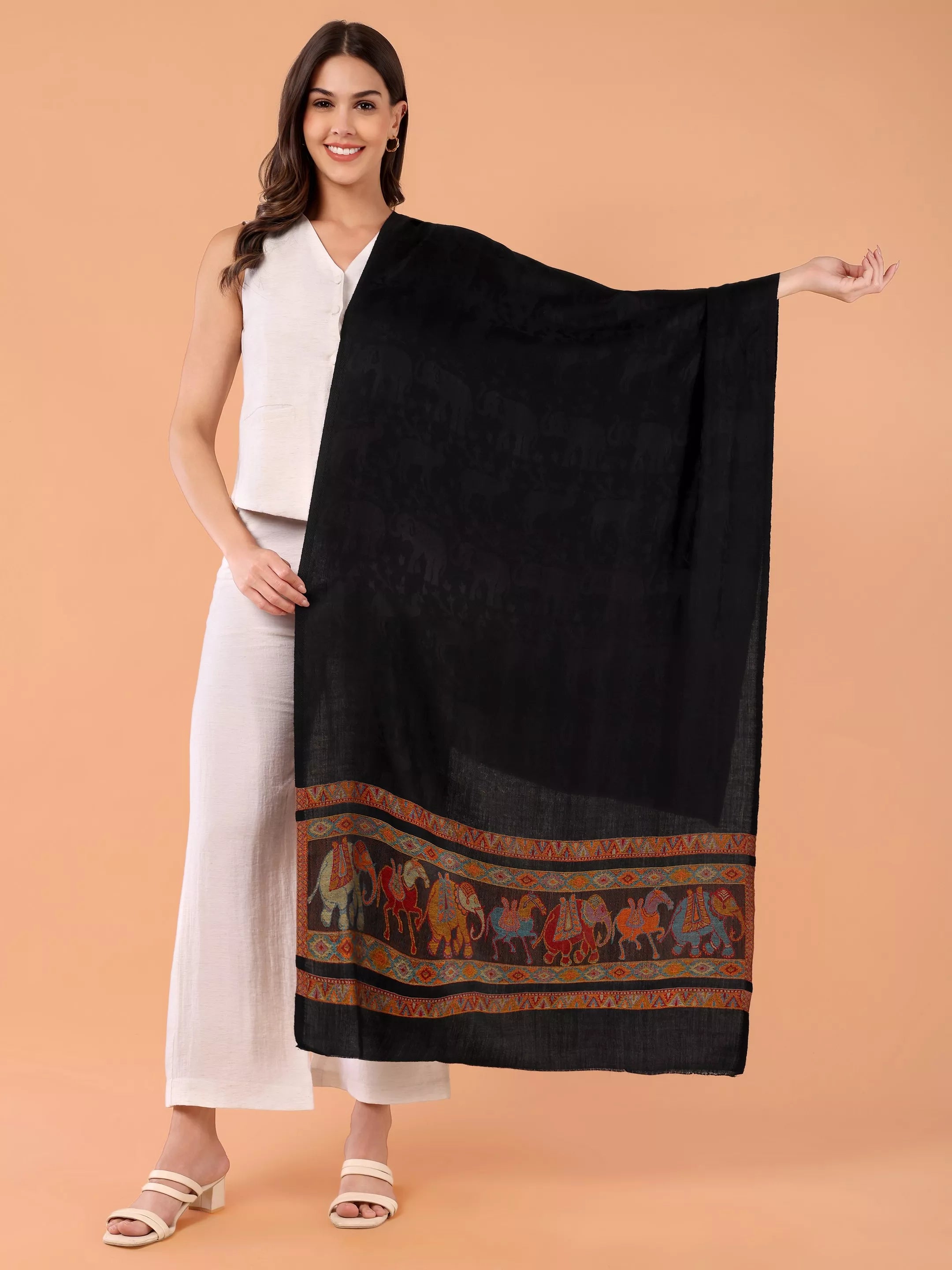 SILKINA Paisley Woven Modal Silk Stole-Dark black base
