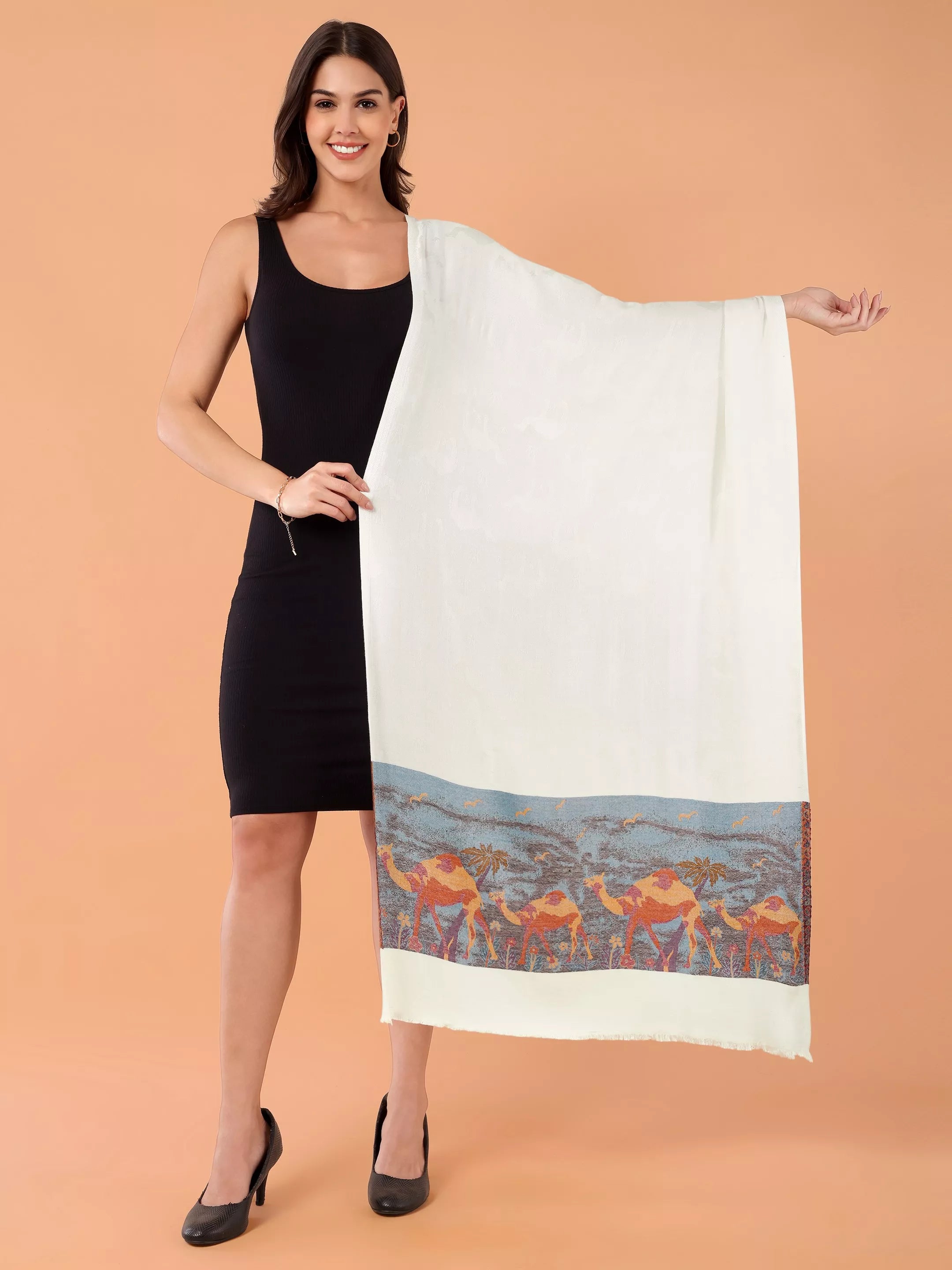 SILKINA Paisley Woven Modal Silk Stole-Camel print on a white base