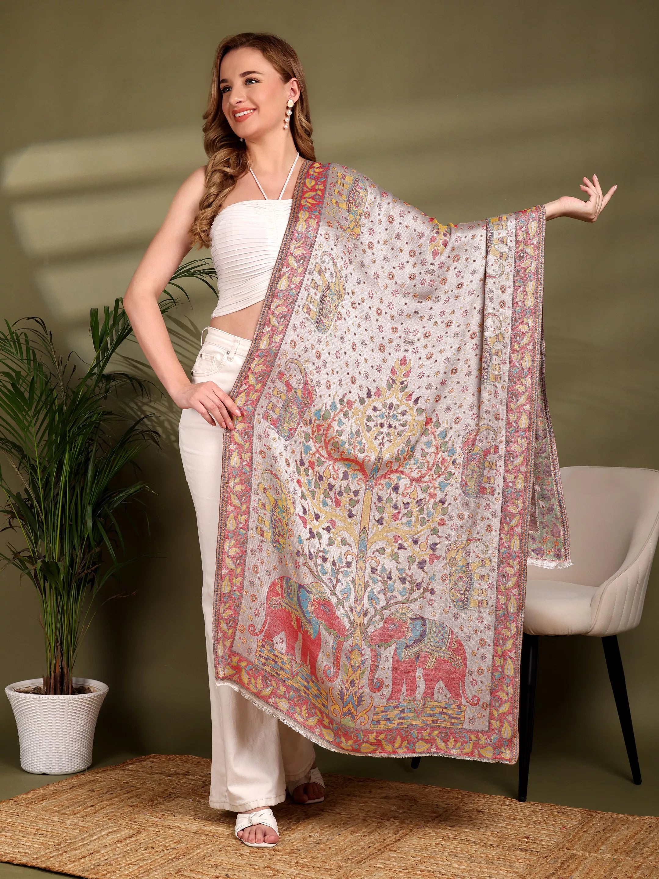 SILKINA Paisley Woven Modal Silk Stole-Rich multicolor on white & gold base