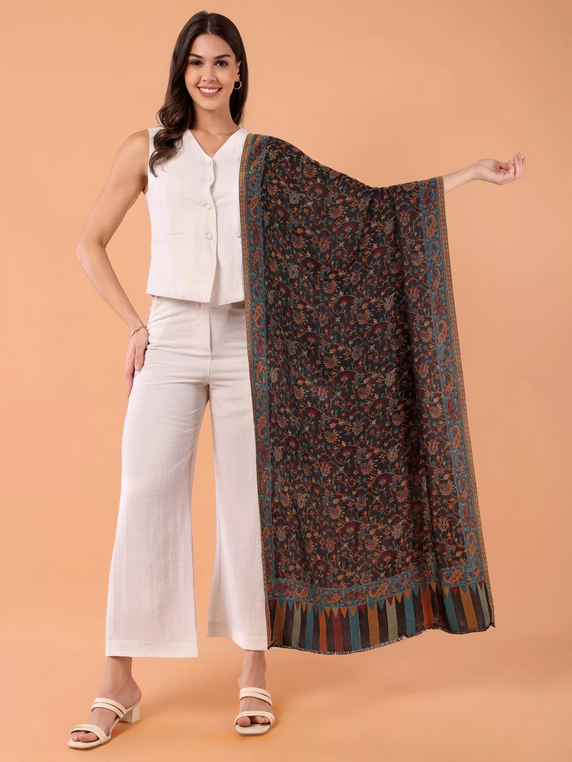 SILKINA Paisley Woven Modal Silk Stole-Dark black base