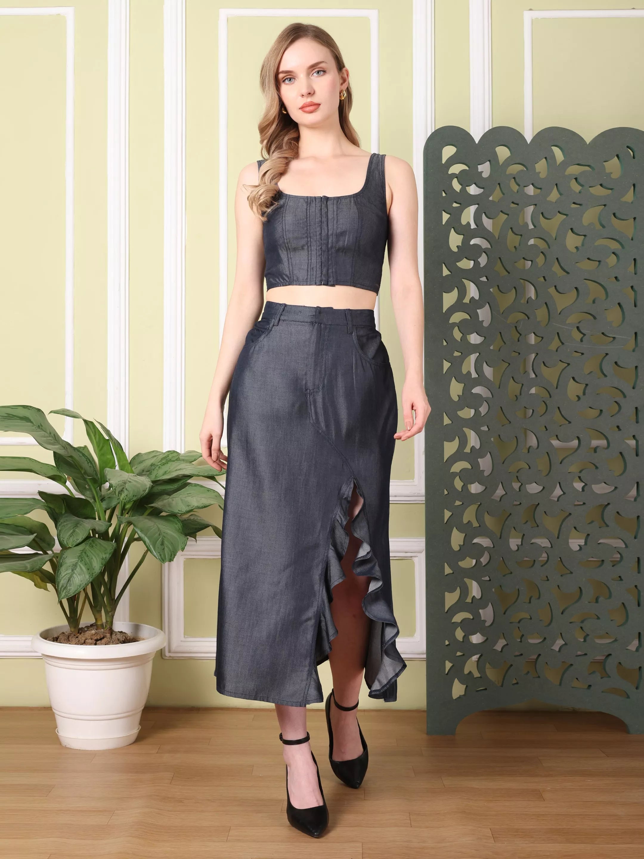 LORIELA Denim Co-ord Set with Front Slit Skirt