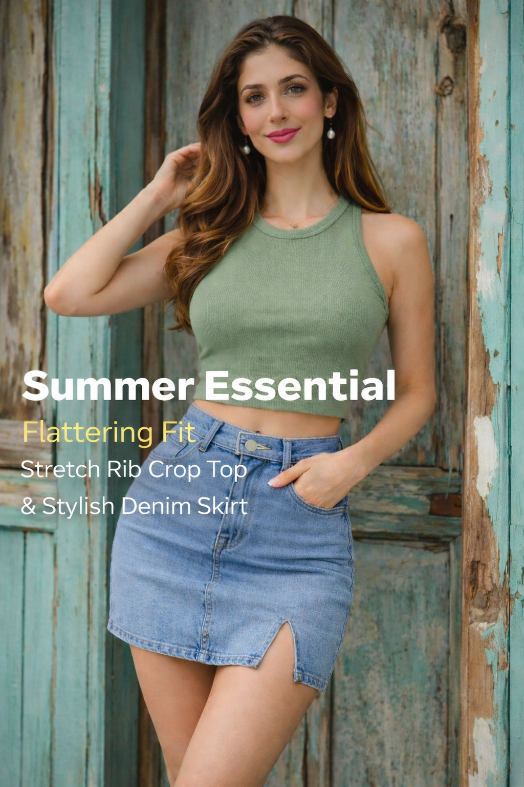 Stretch Rib Crop Top with Denim Mini Skirt