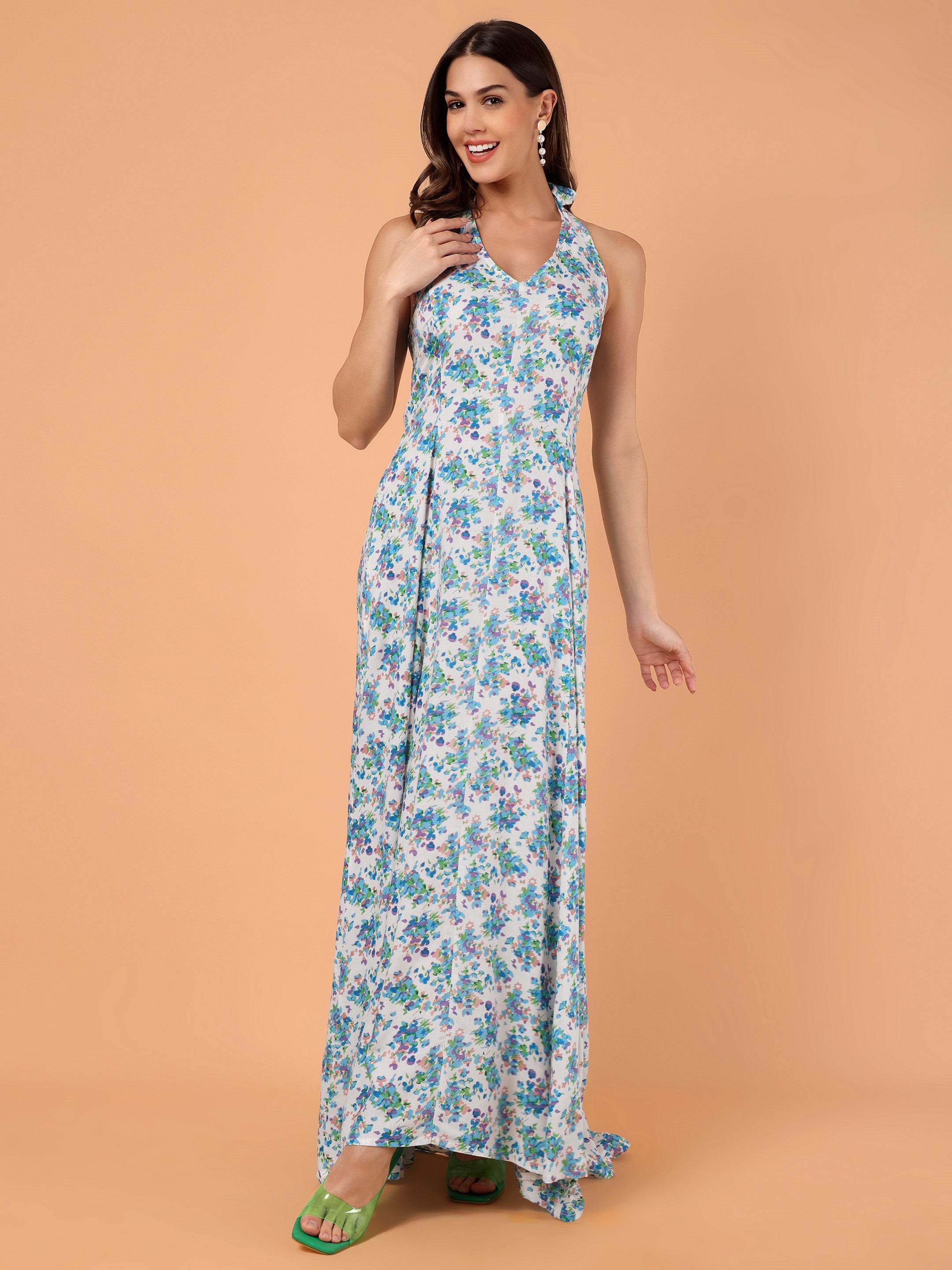 FLORA Halter Neck Dress- Blue