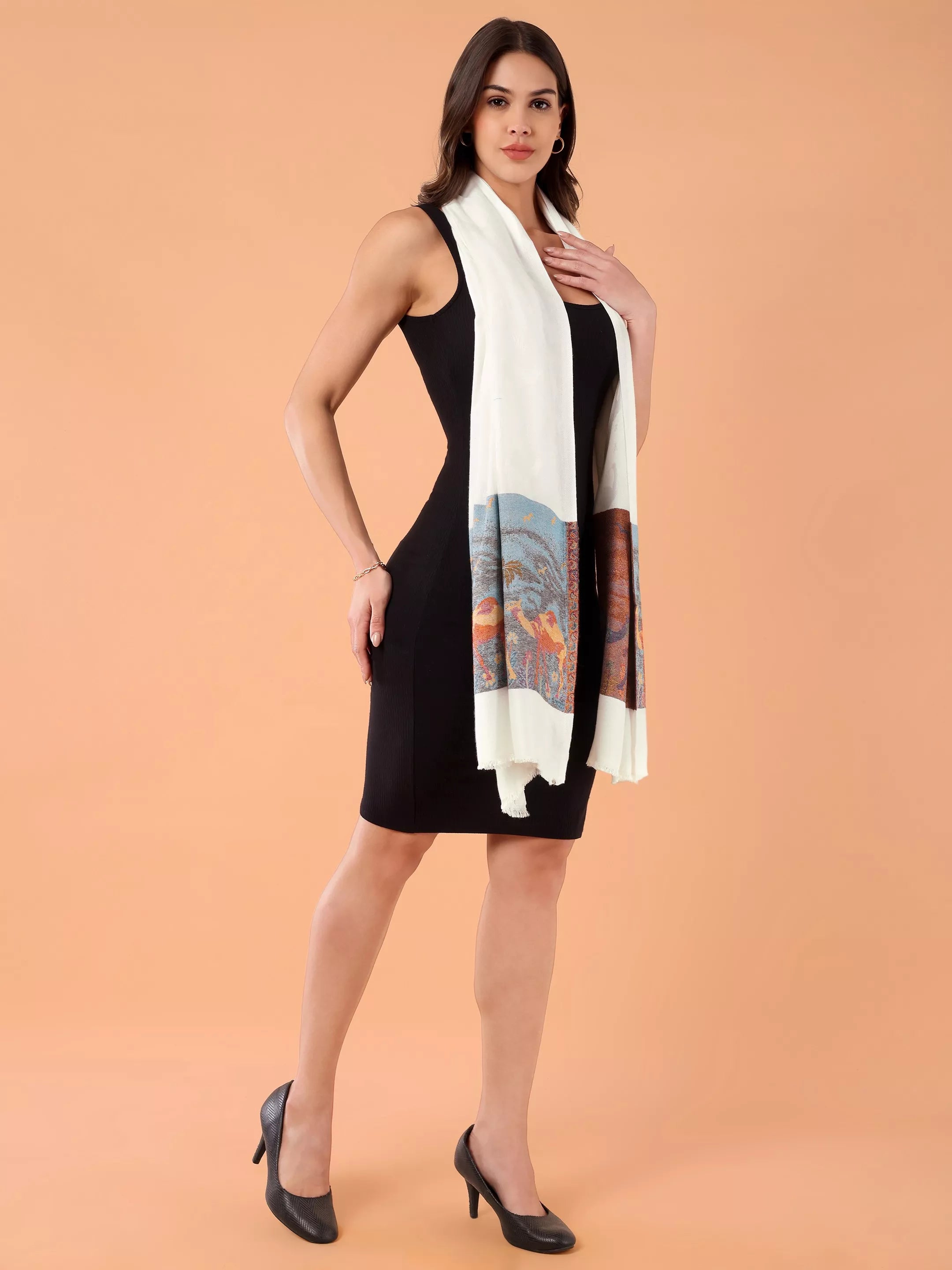 SILKINA Paisley Woven Modal Silk Stole-Camel print on a white base