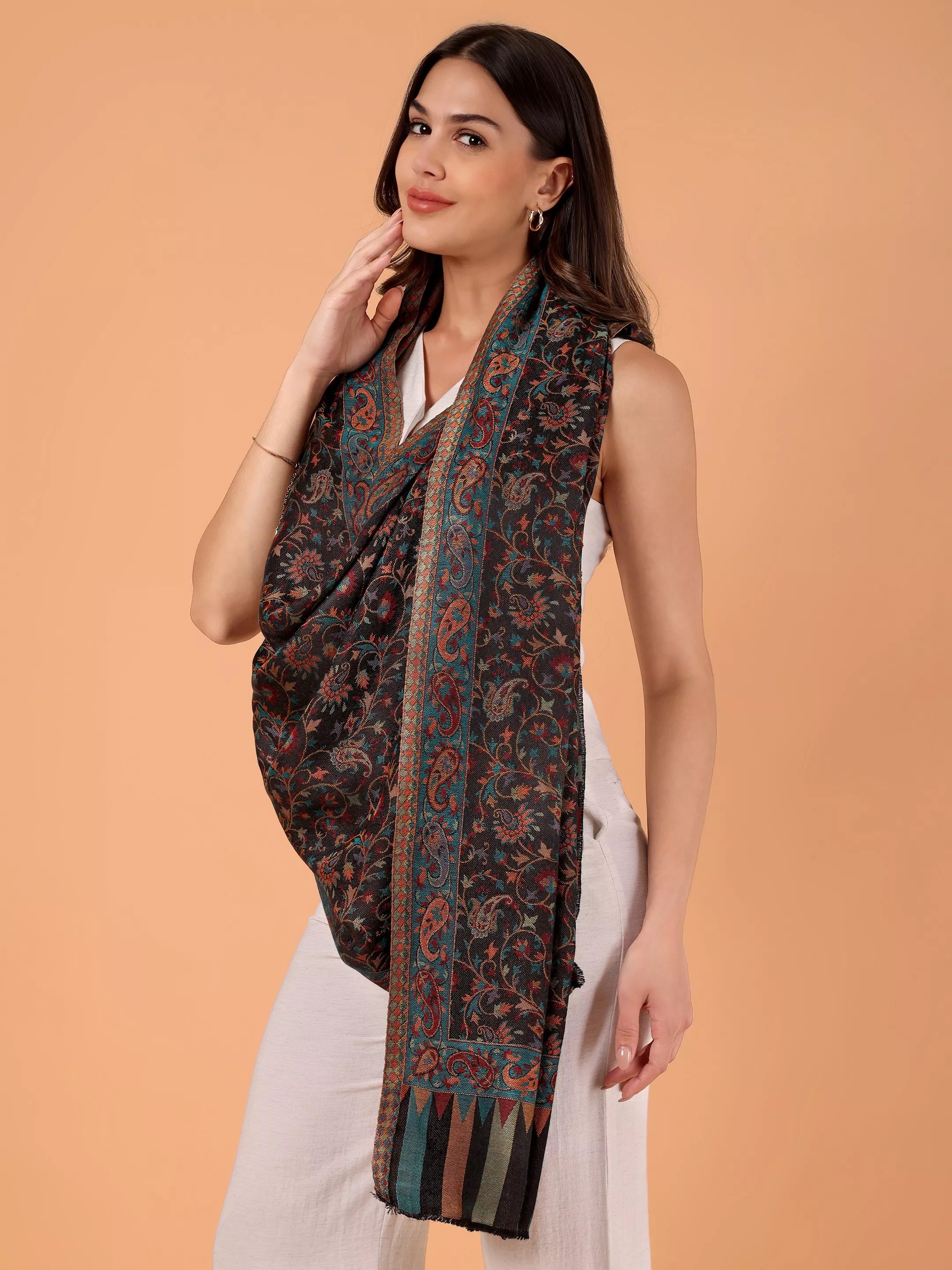 SILKINA Paisley Woven Modal Silk Stole-Dark black base