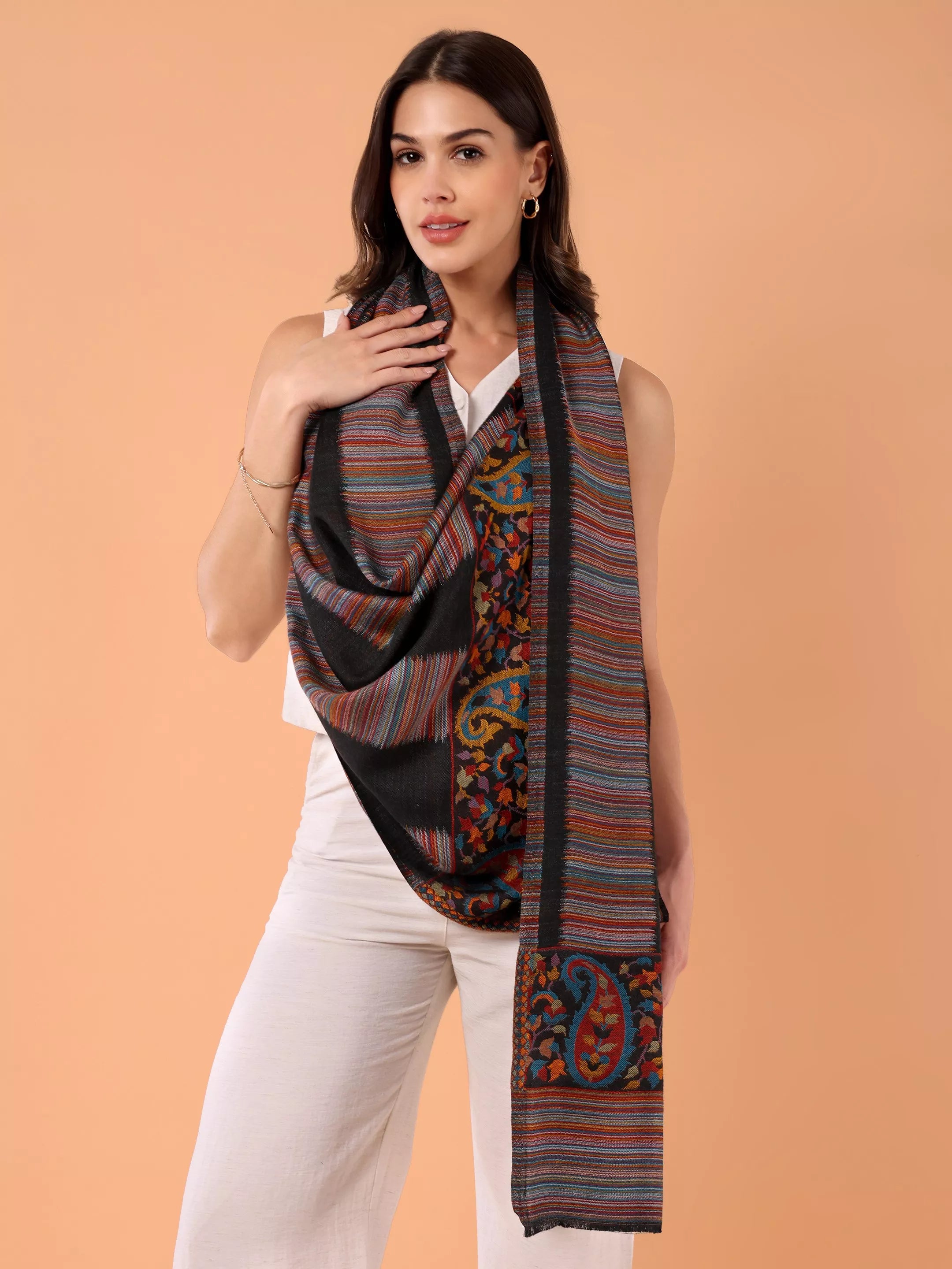SILKINA Paisley Woven Modal Silk Stole-Dark black base