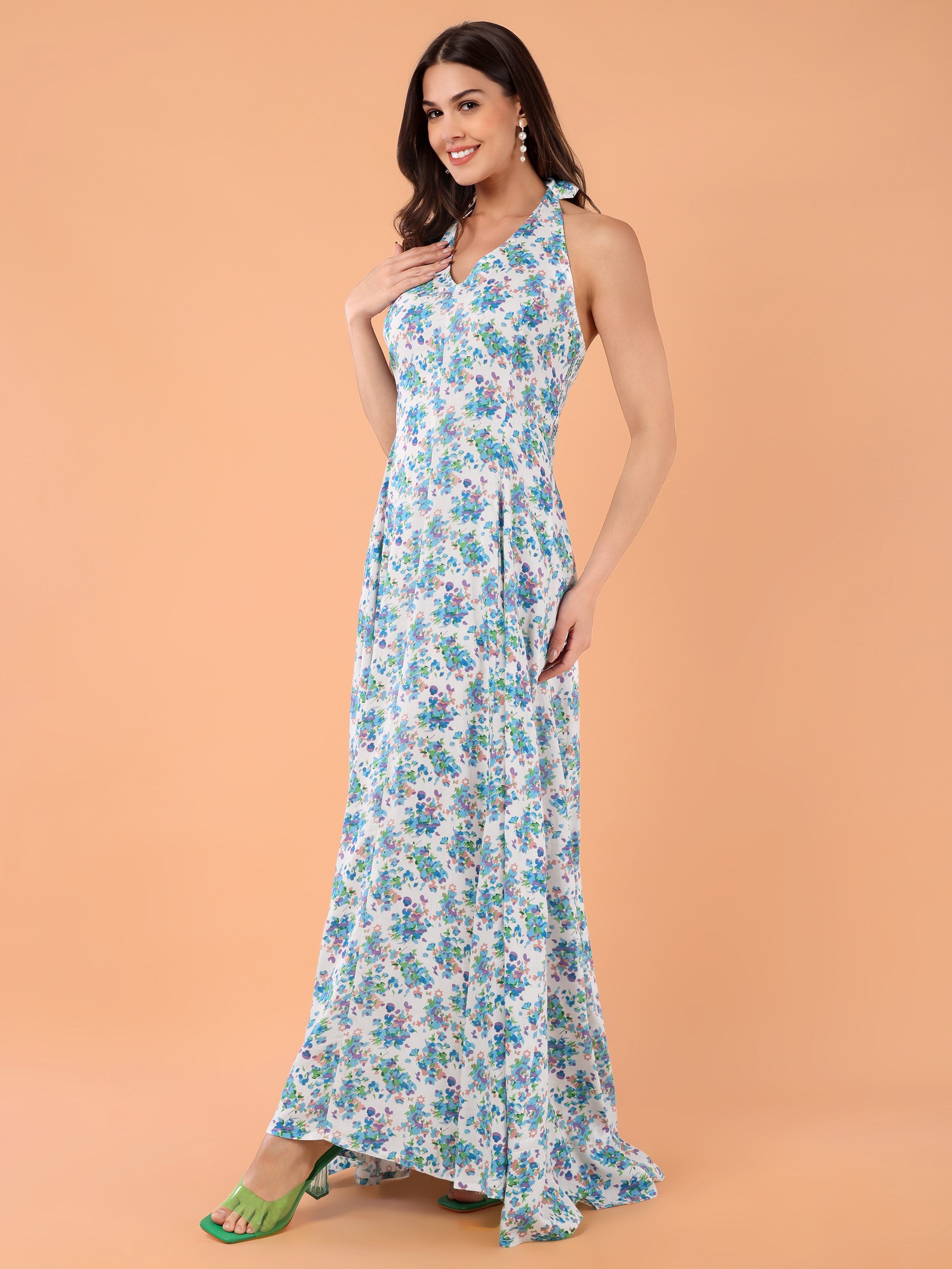 FLORA Halter Neck Dress- Blue