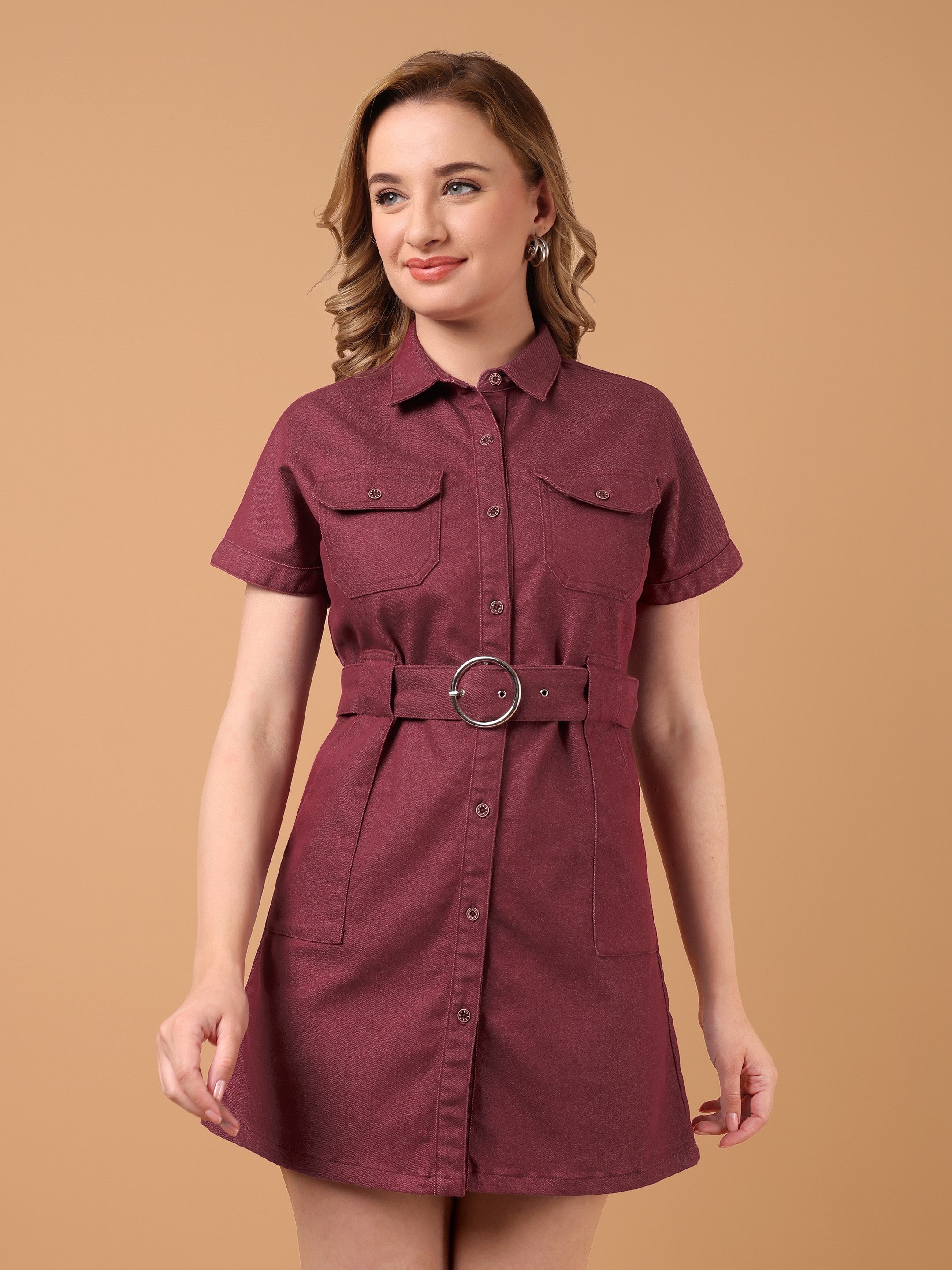 DYNA Denim Midi Dress-Burgundy