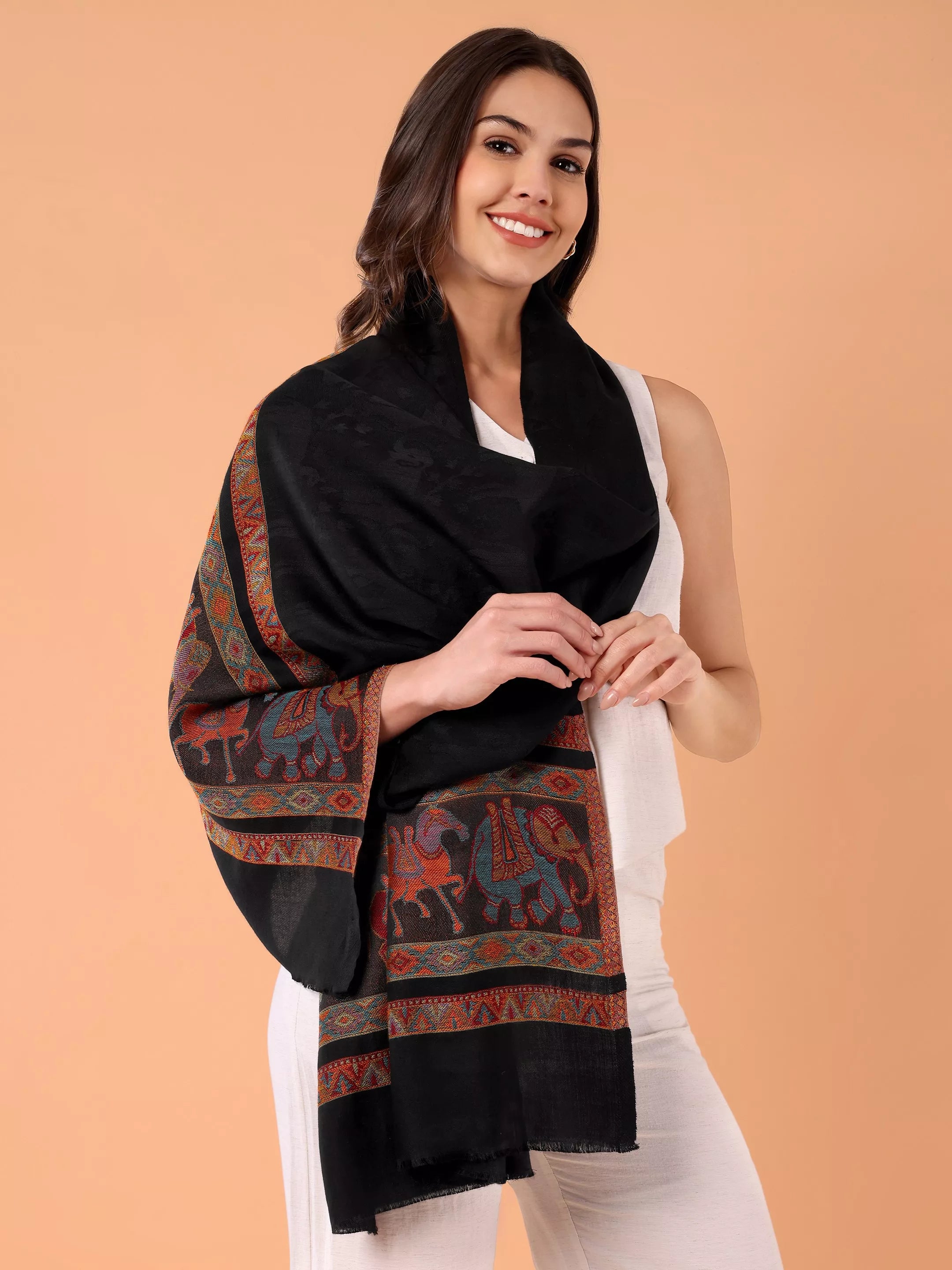SILKINA Paisley Woven Modal Silk Stole-Dark black base