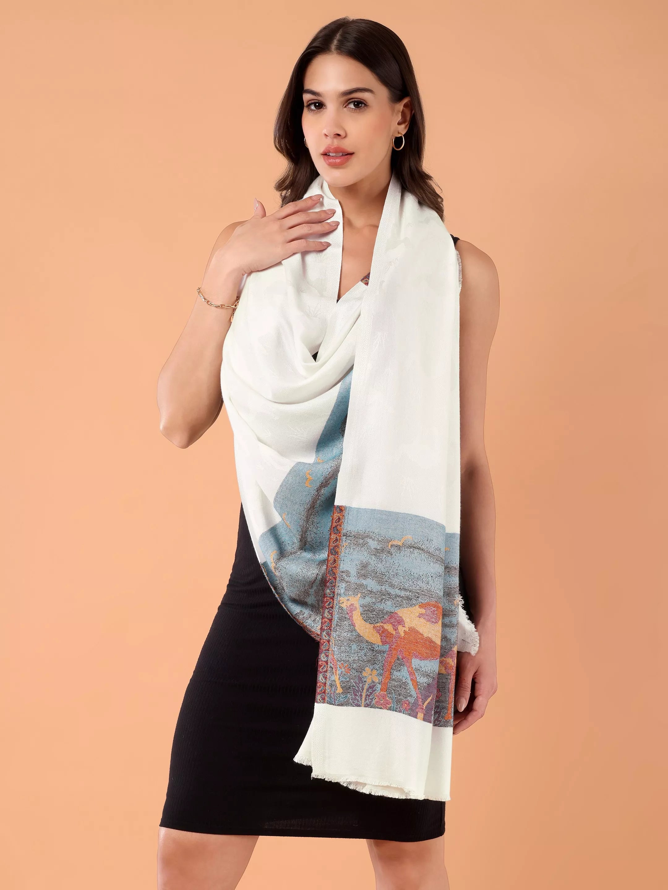SILKINA Paisley Woven Modal Silk Stole-Camel print on a white base