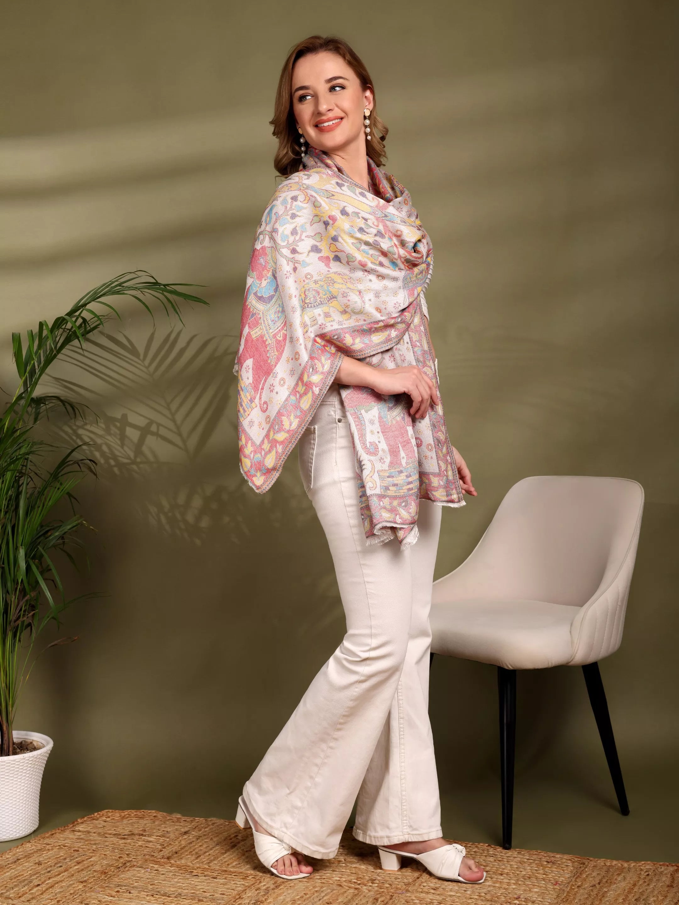 SILKINA Paisley Woven Modal Silk Stole-Rich multicolor on white & gold base