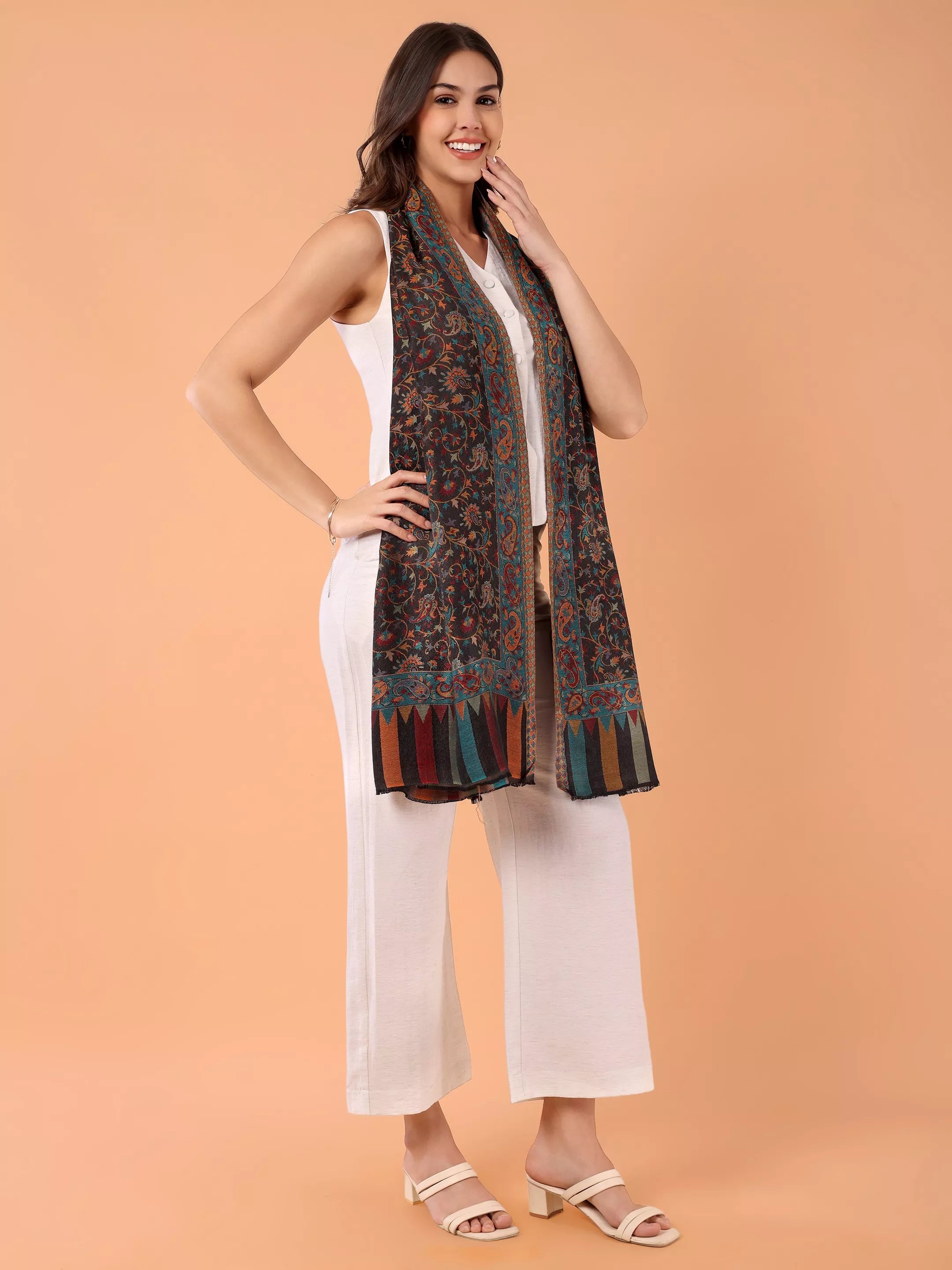 SILKINA Paisley Woven Modal Silk Stole-Dark black base