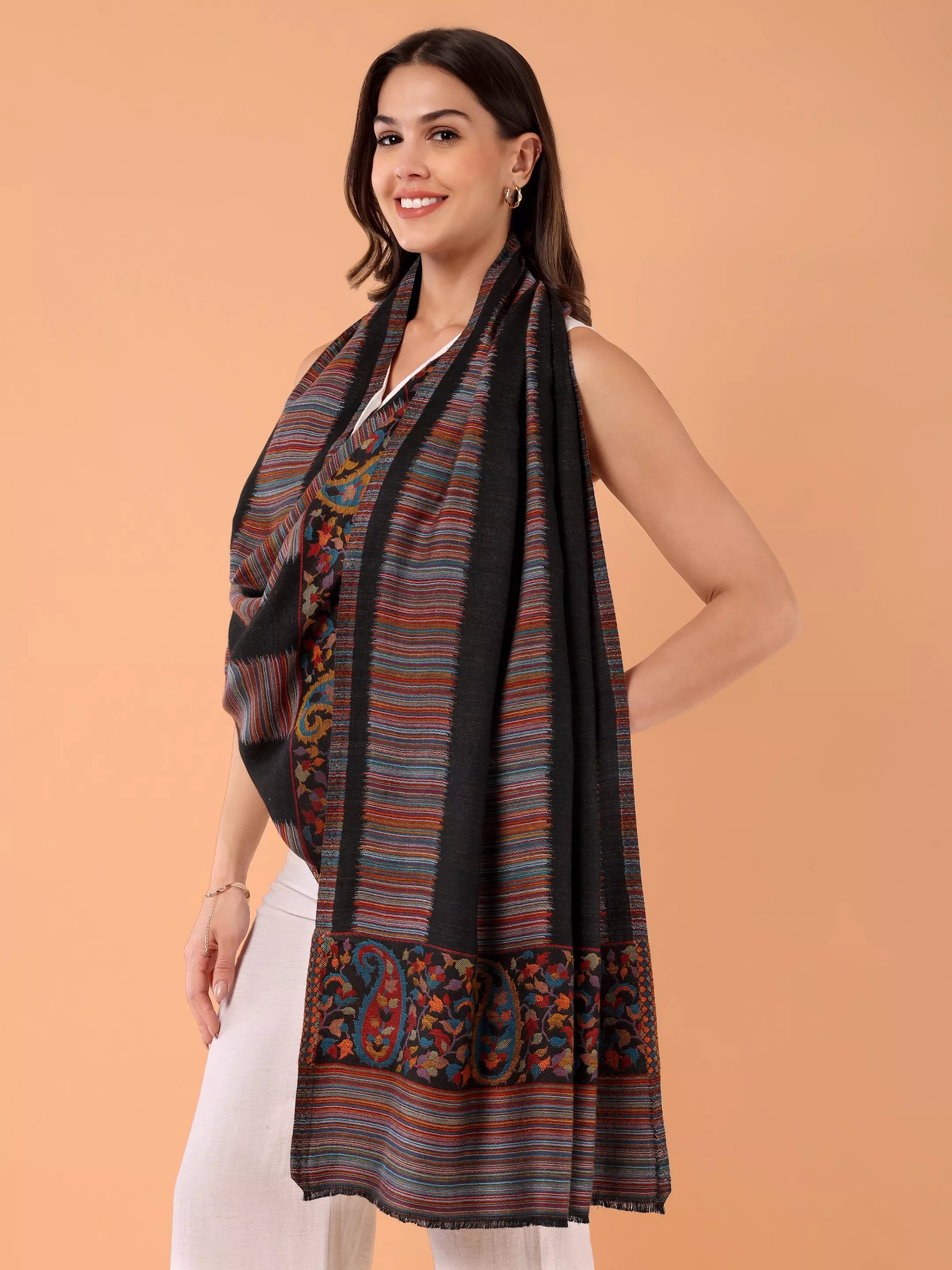 SILKINA Paisley Woven Modal Silk Stole-Dark black base