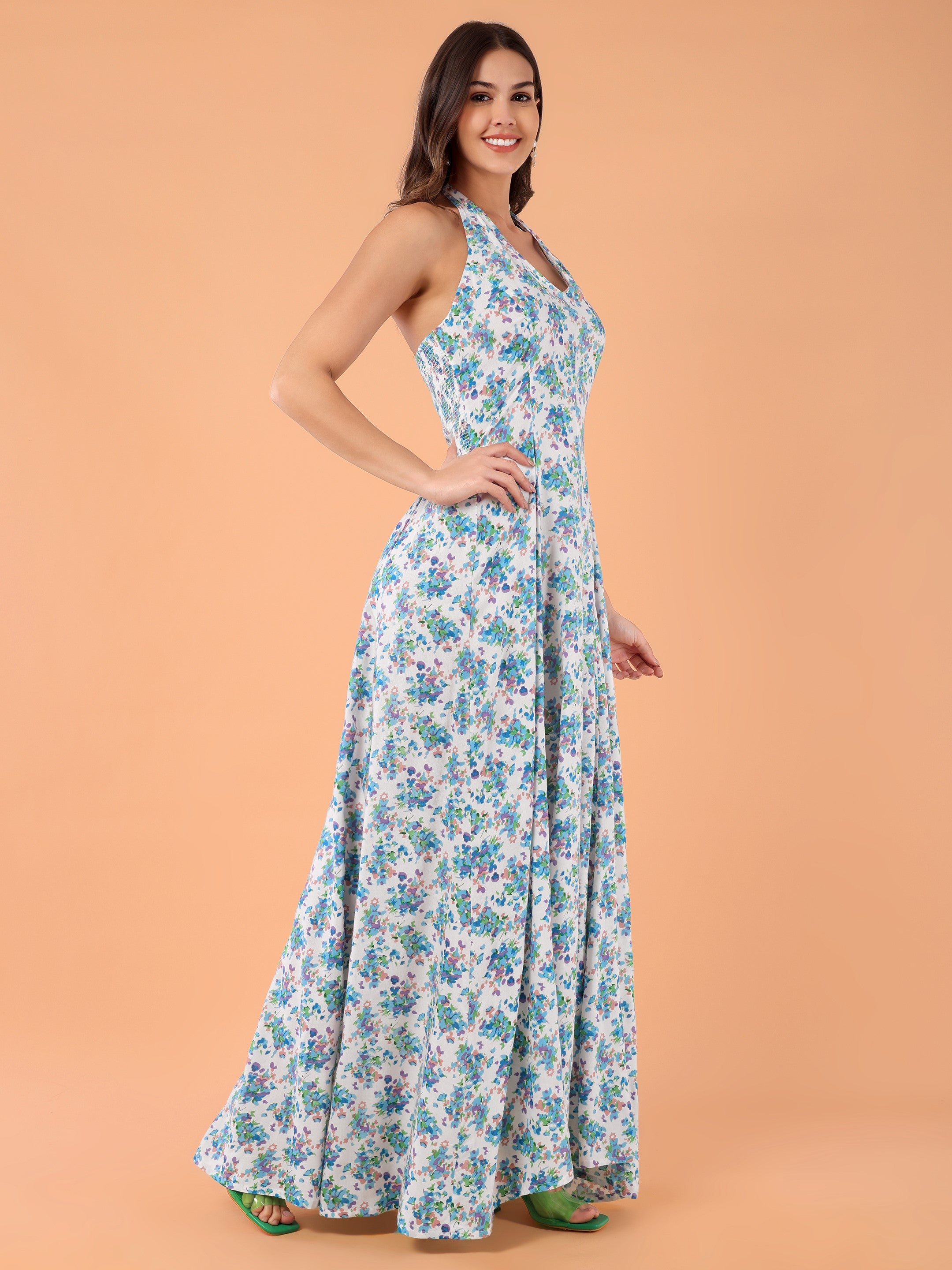 FLORA Halter Neck Dress- Blue