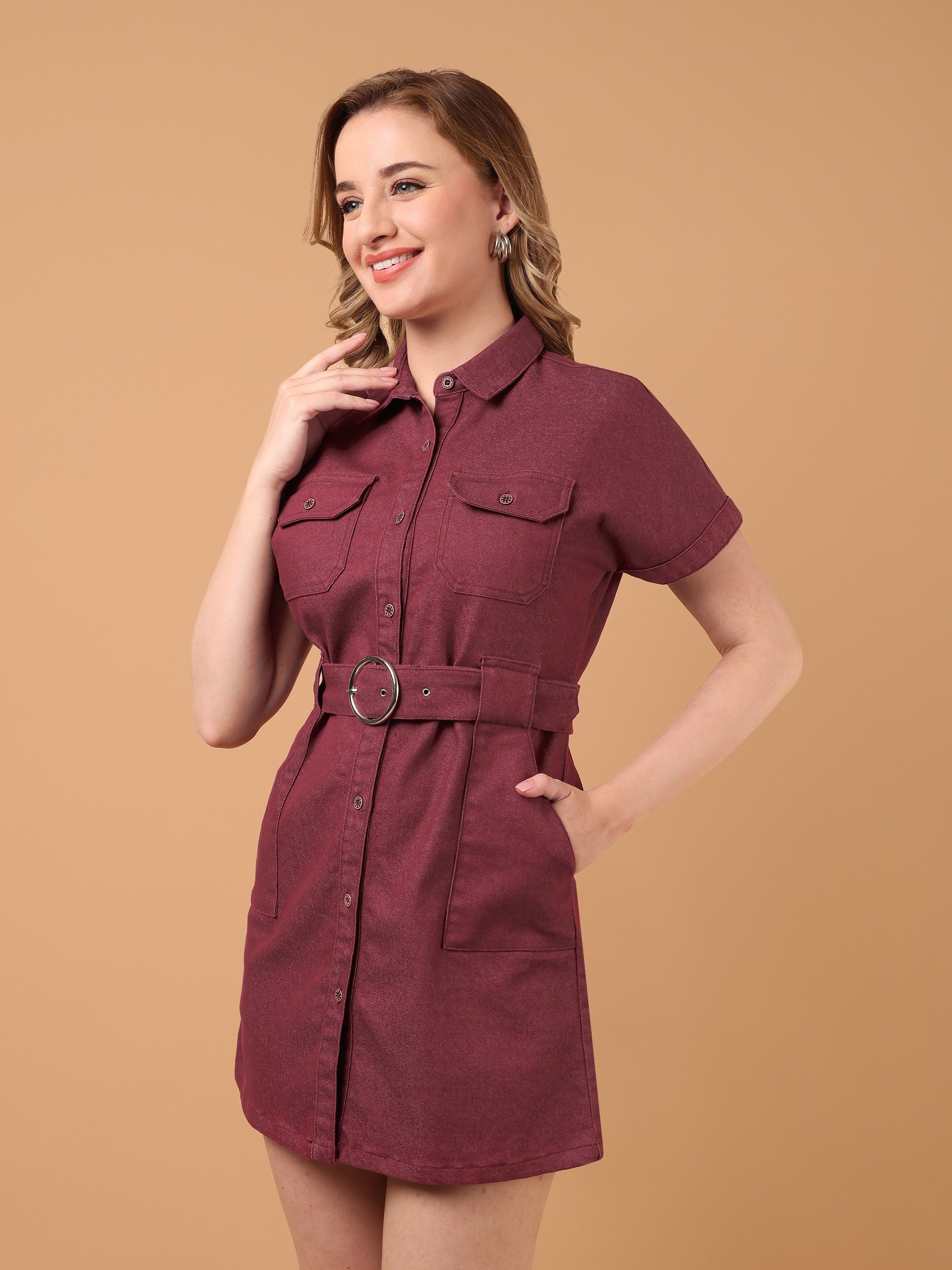 DYNA Denim Midi Dress-Burgundy