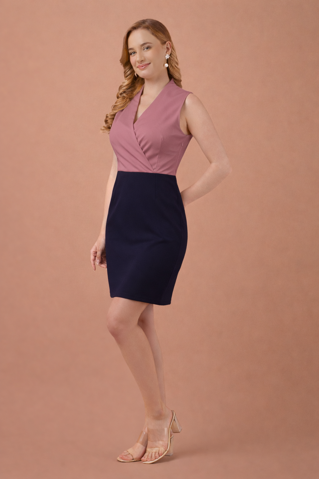 Onion Pink & Navy Blue Color Sleeveless Bodycon Dress in Taiwan Lycra Fabric