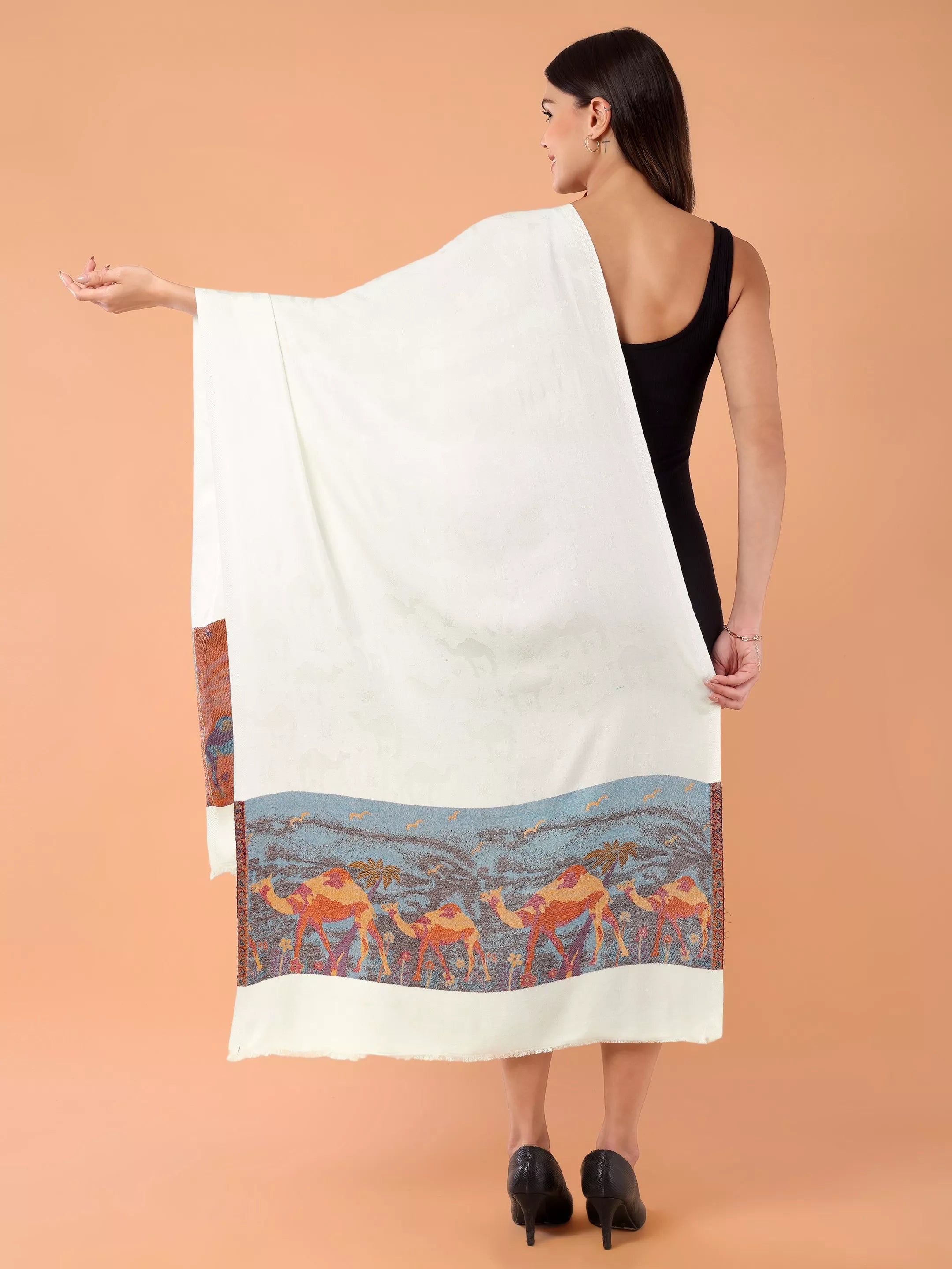 SILKINA Paisley Woven Modal Silk Stole-Camel print on a white base