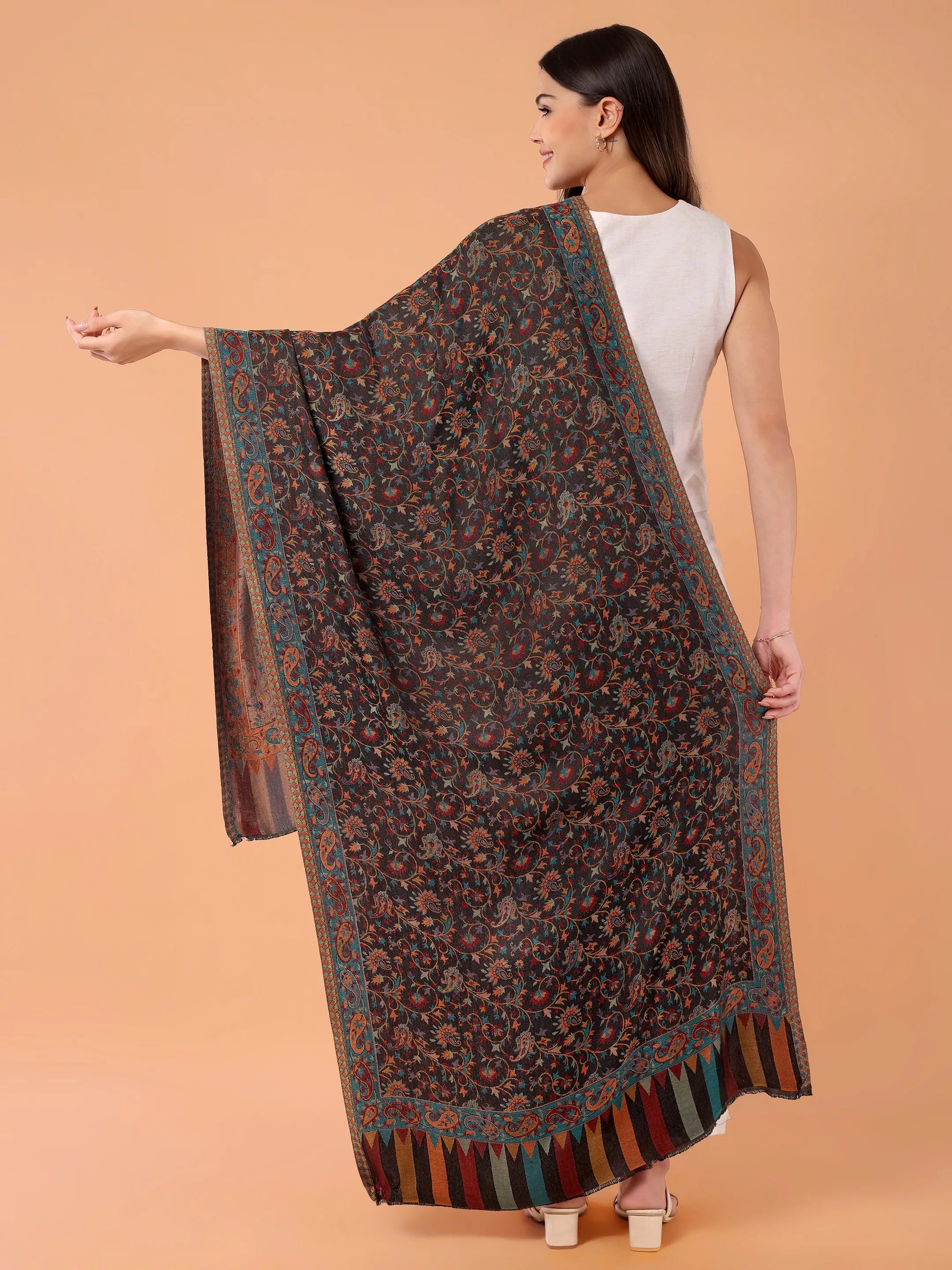 SILKINA Paisley Woven Modal Silk Stole-Dark black base