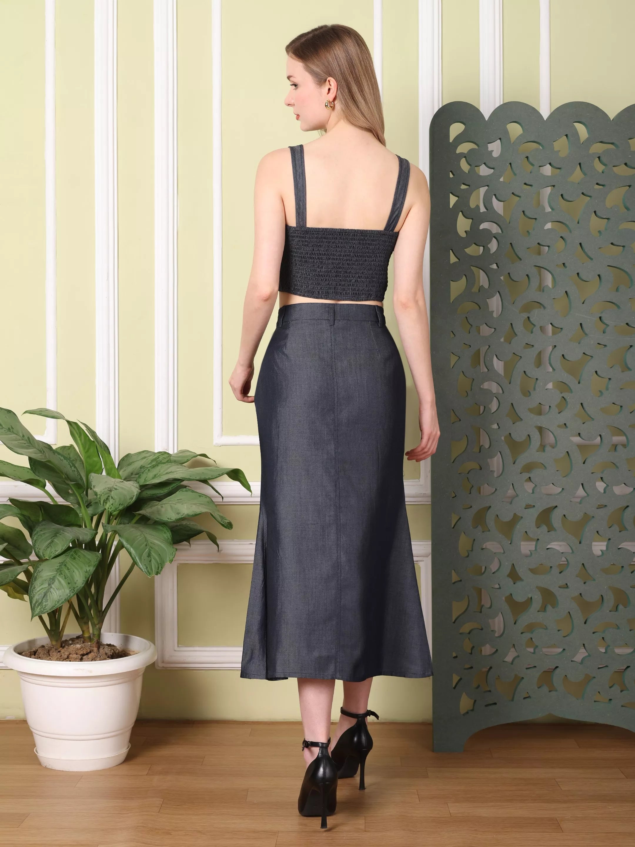 LORIELA Denim Co-ord Set with Front Slit Skirt