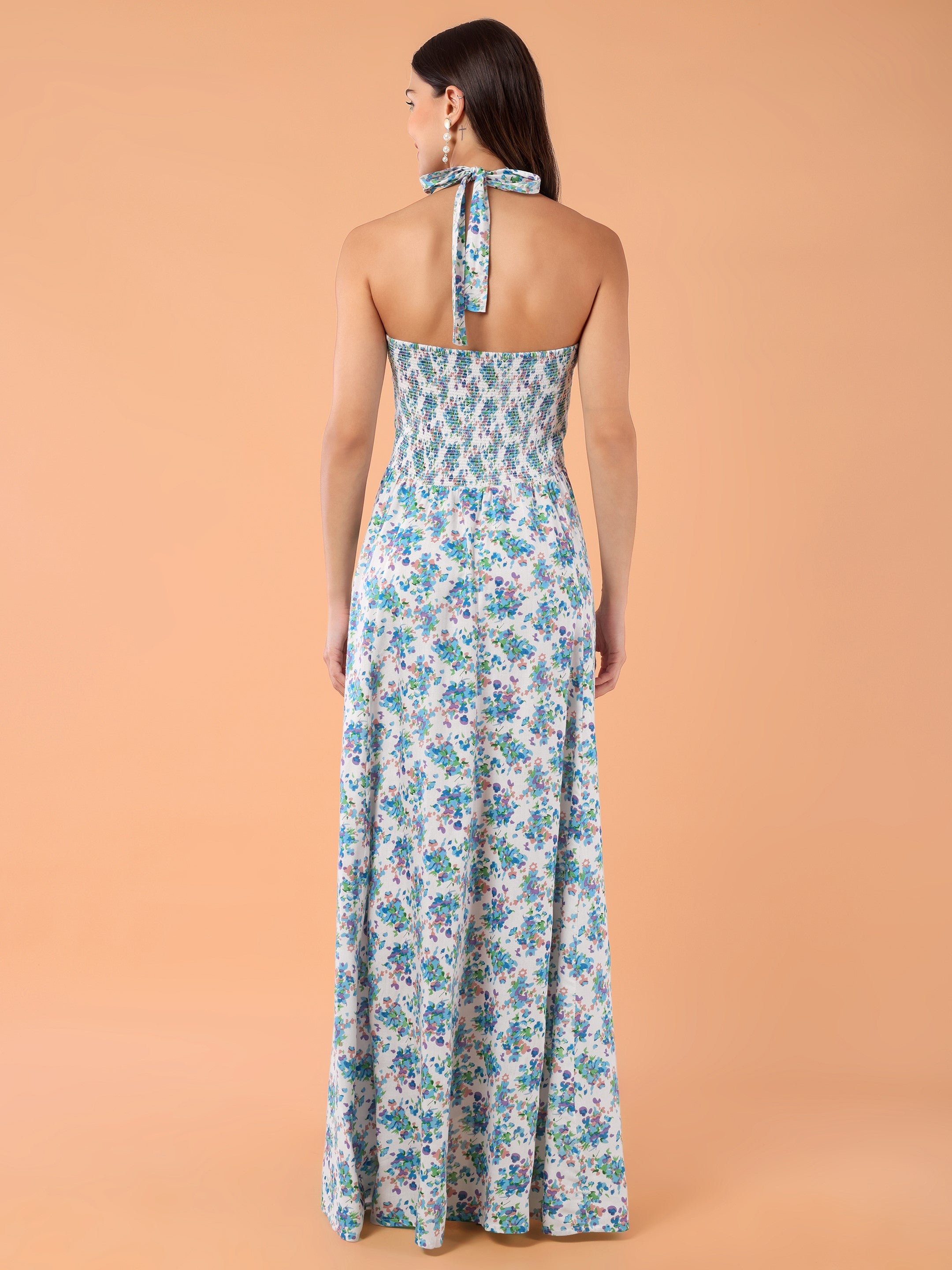 FLORA Halter Neck Dress- Blue