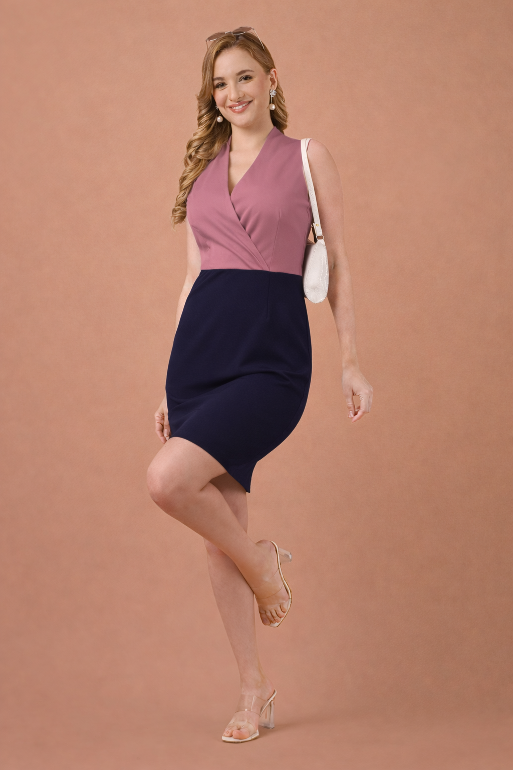 Onion Pink & Navy Blue Color Sleeveless Bodycon Dress in Taiwan Lycra Fabric