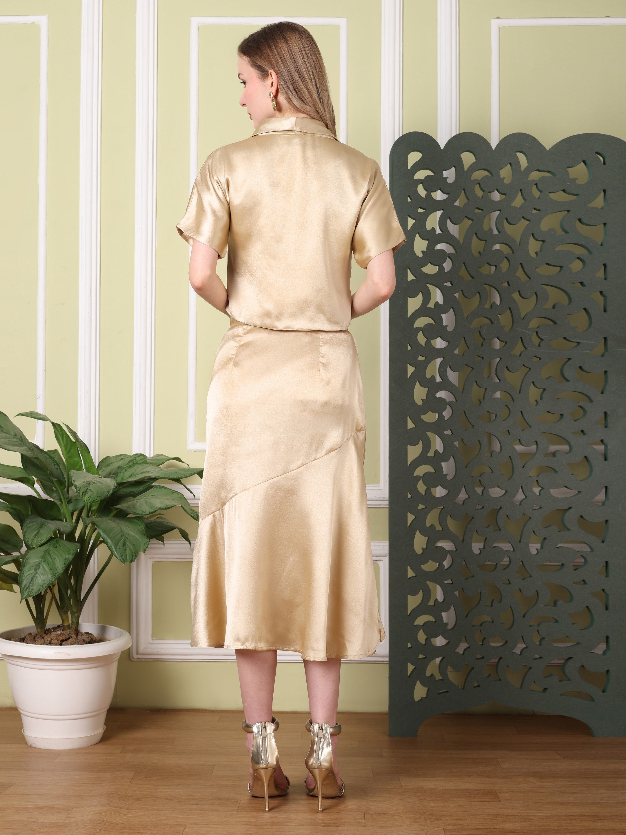 MARTINA - Champagne Satin Co-ord Set (Wrap Top & Midi Skirt)