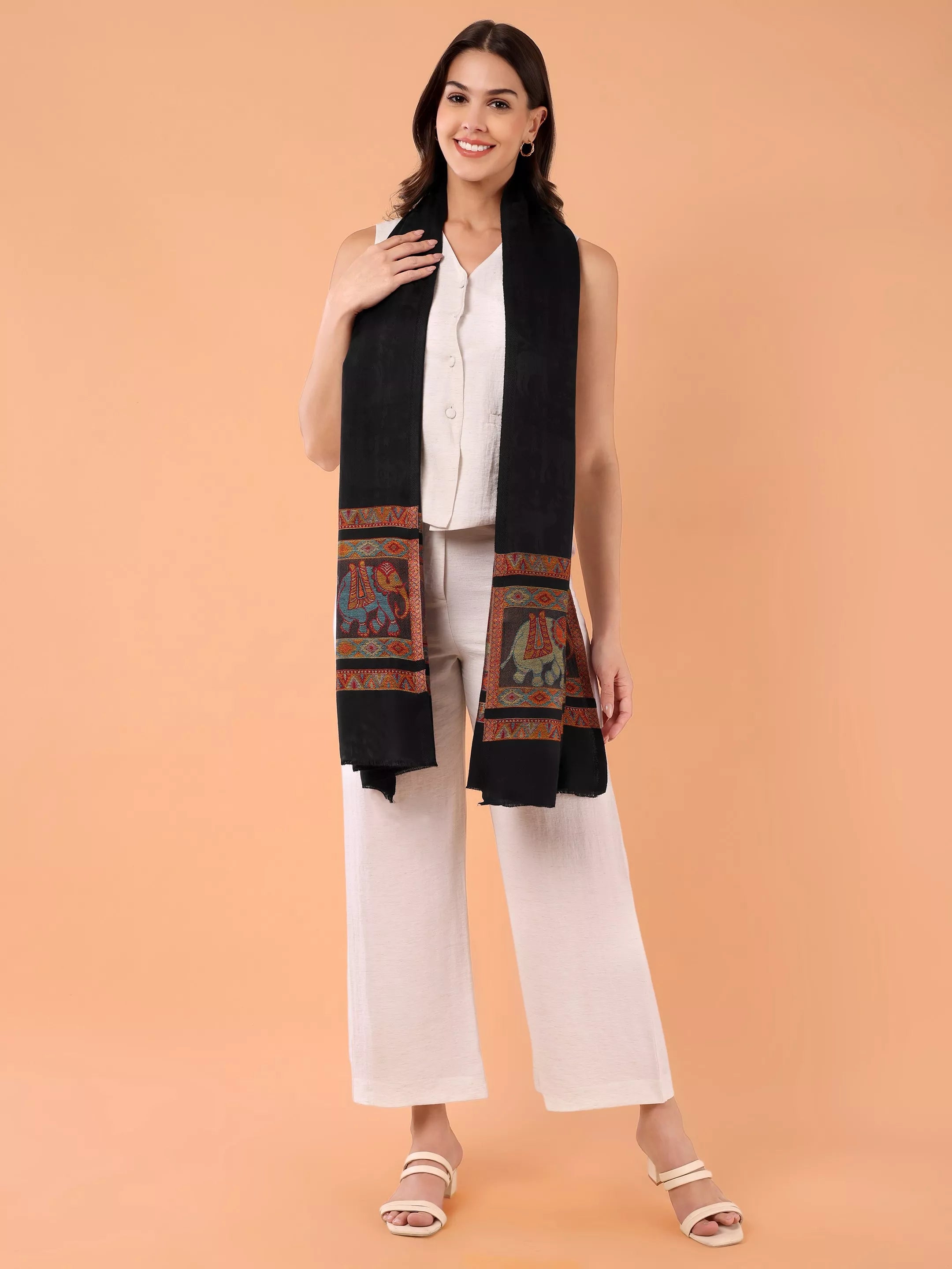 SILKINA Paisley Woven Modal Silk Stole-Dark black base