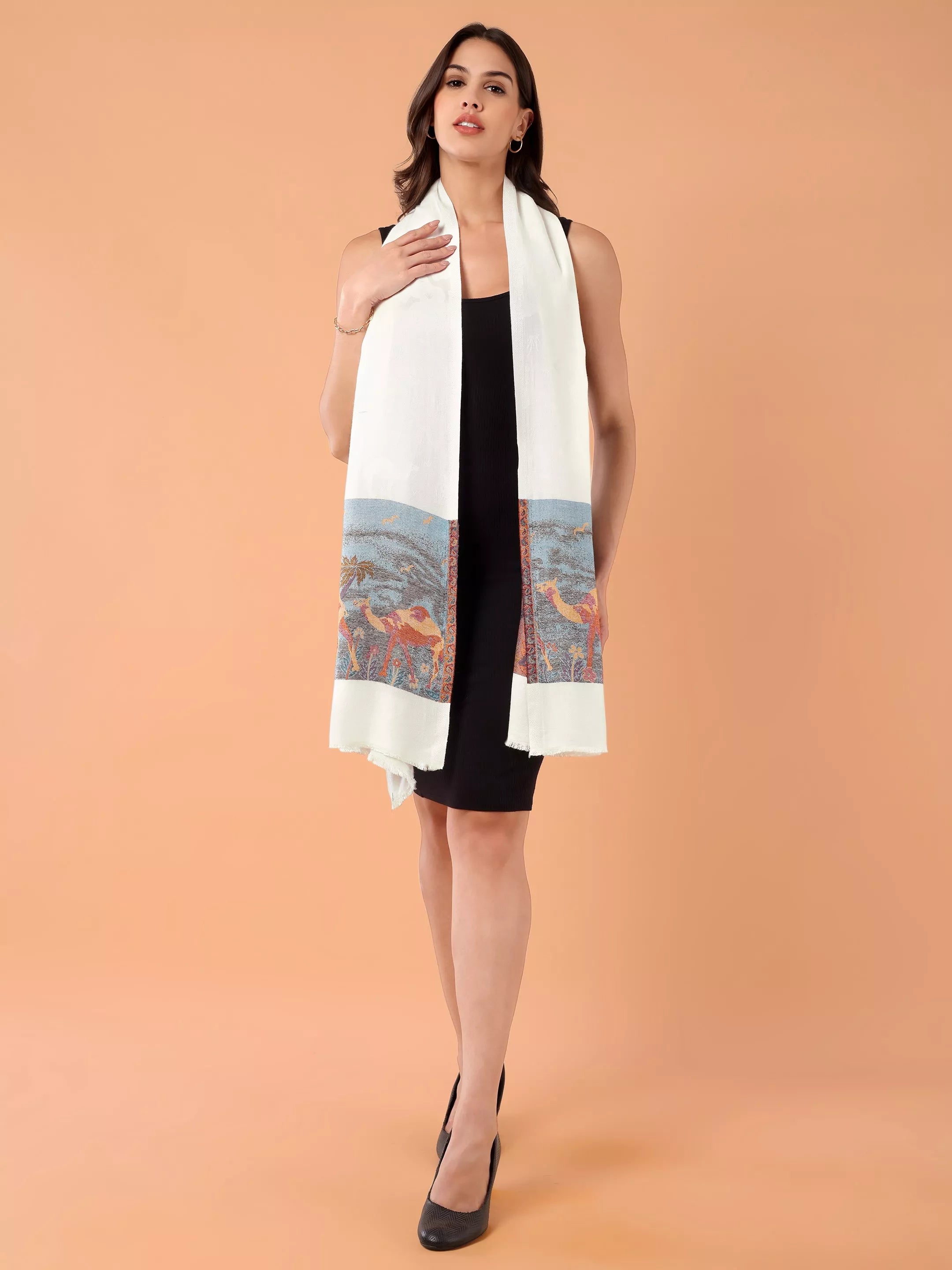 SILKINA Paisley Woven Modal Silk Stole-Camel print on a white base