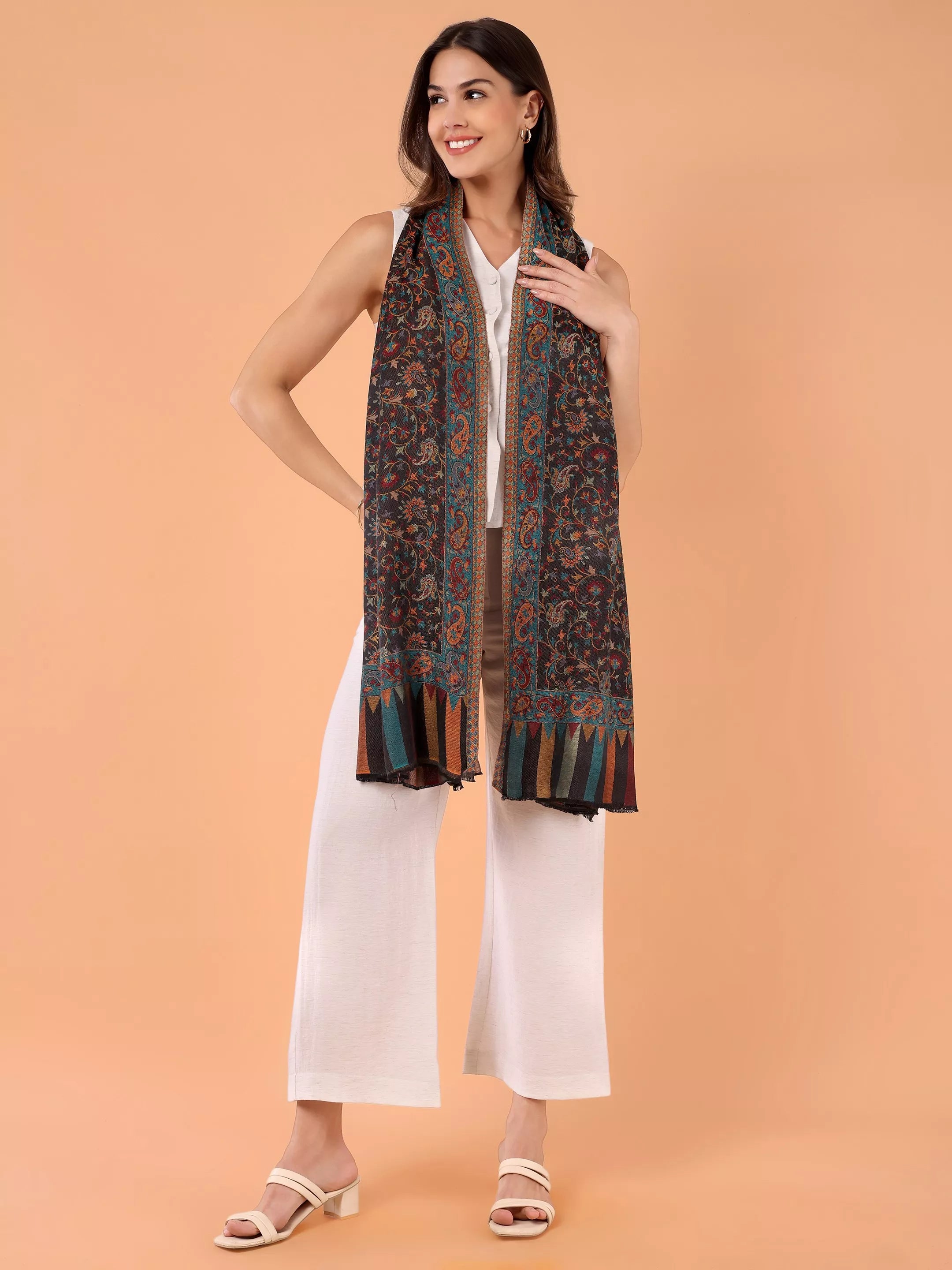 SILKINA Paisley Woven Modal Silk Stole-Dark black base