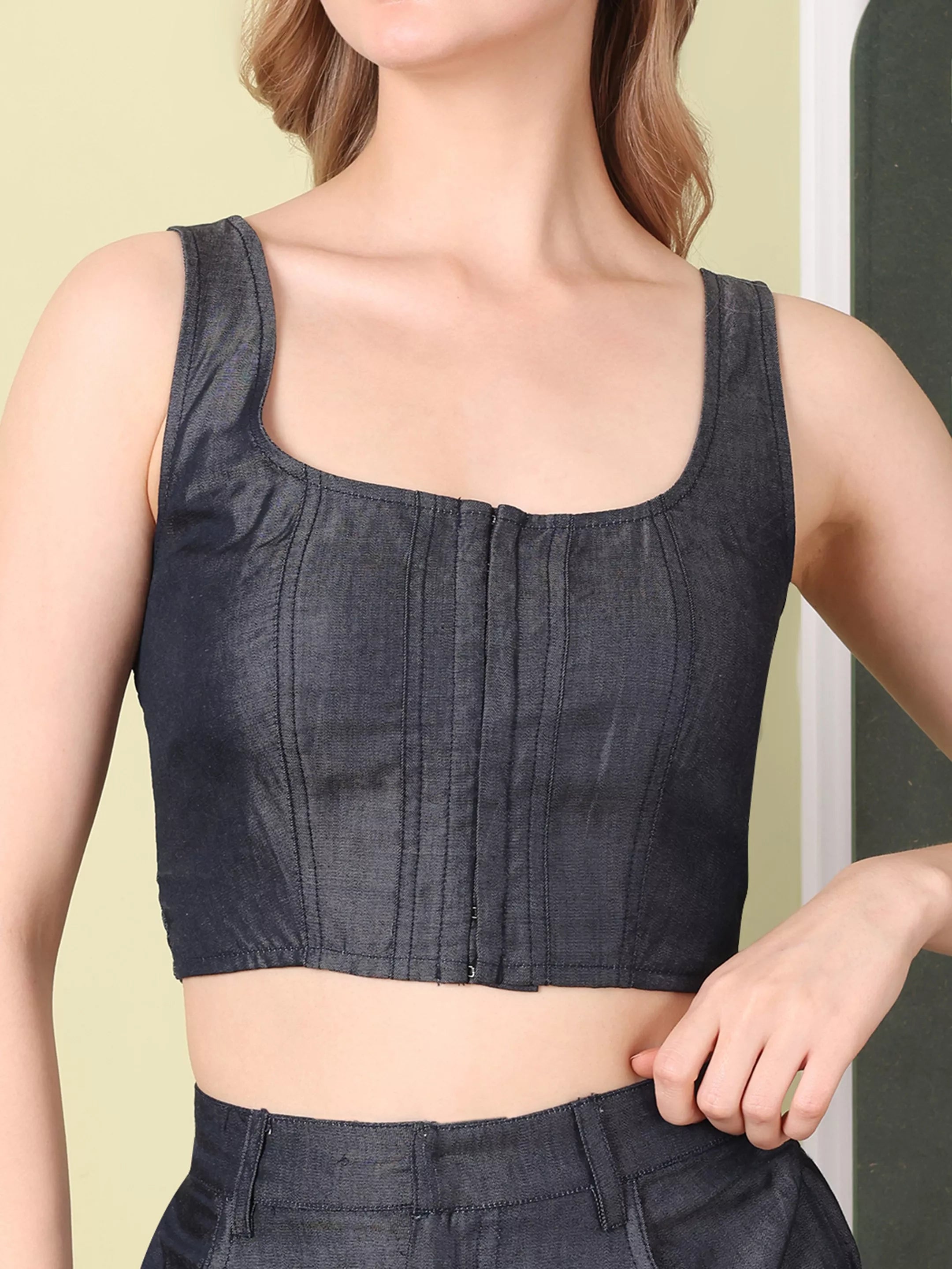 LORIELA Denim Co-ord Set with Front Slit Skirt