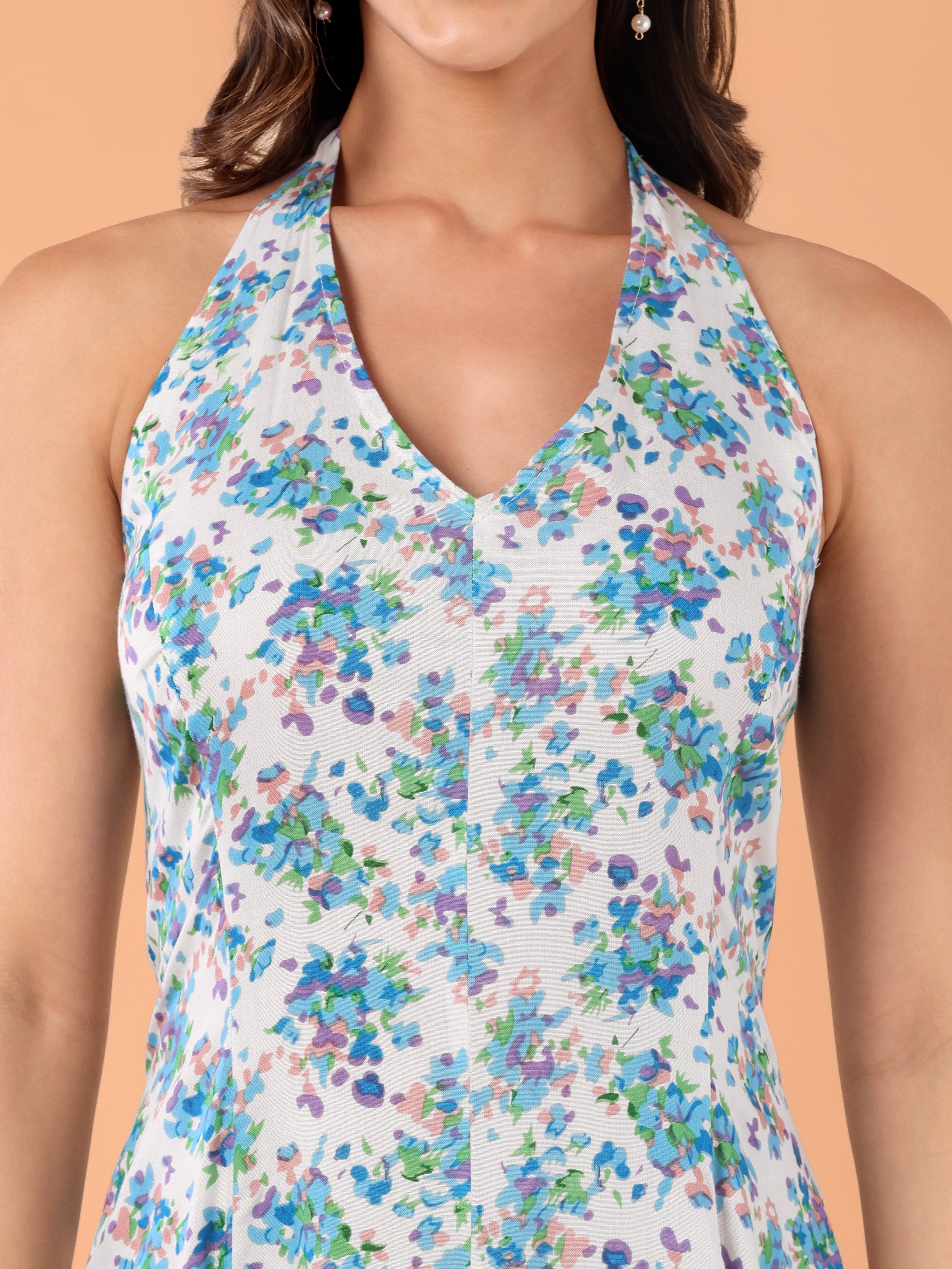 FLORA Halter Neck Dress- Blue