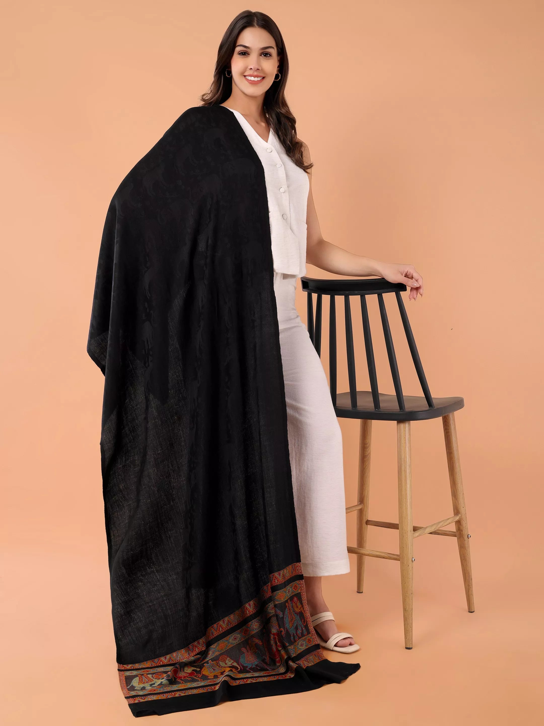 SILKINA Paisley Woven Modal Silk Stole-Dark black base