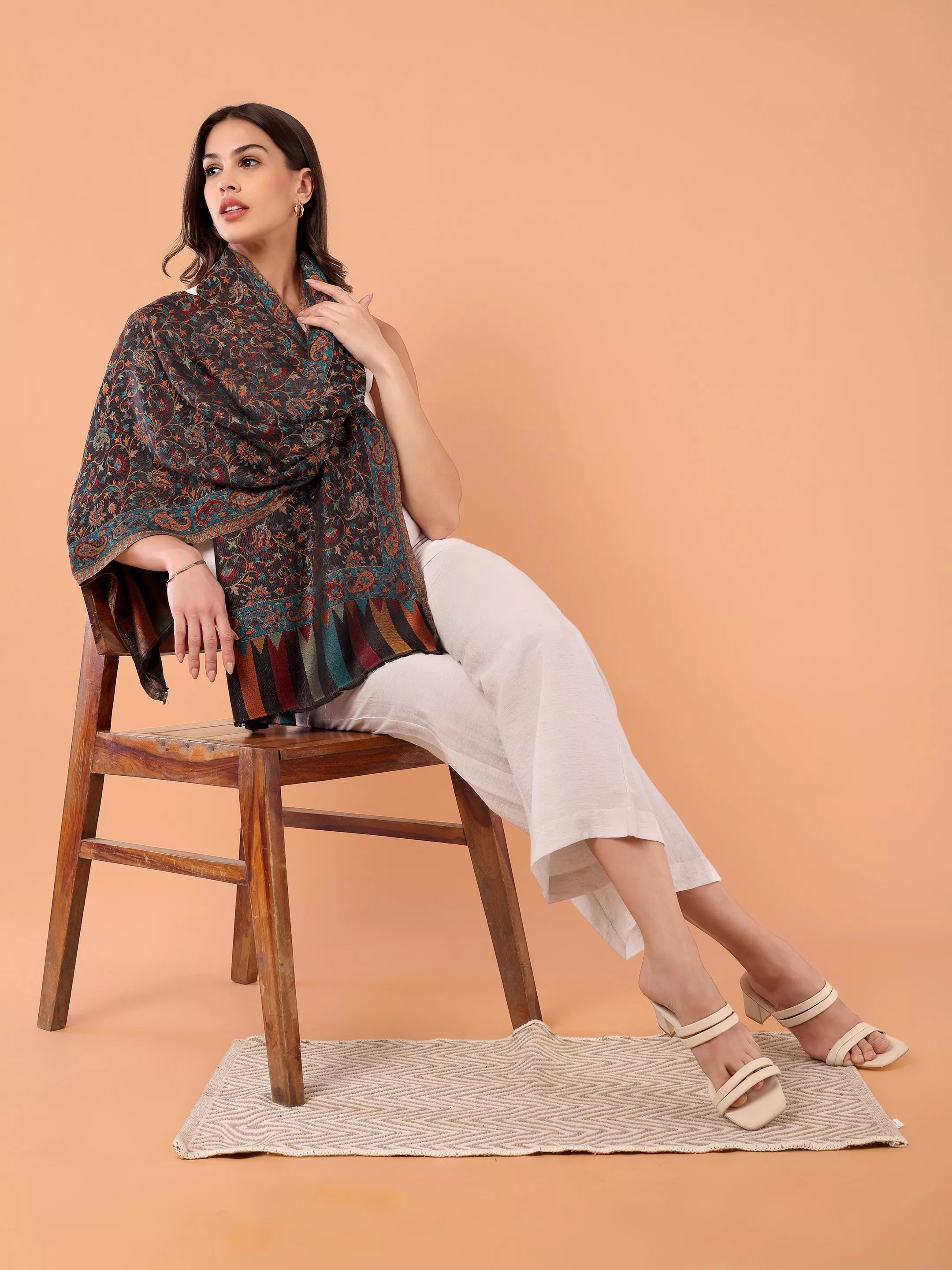 SILKINA Paisley Woven Modal Silk Stole-Dark black base