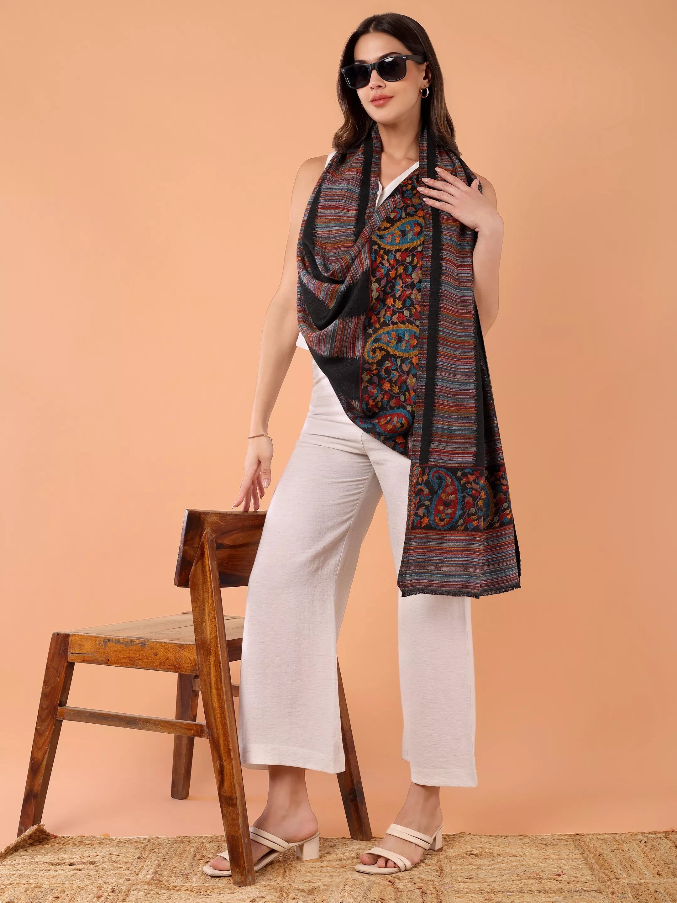 SILKINA Paisley Woven Modal Silk Stole-Dark black base