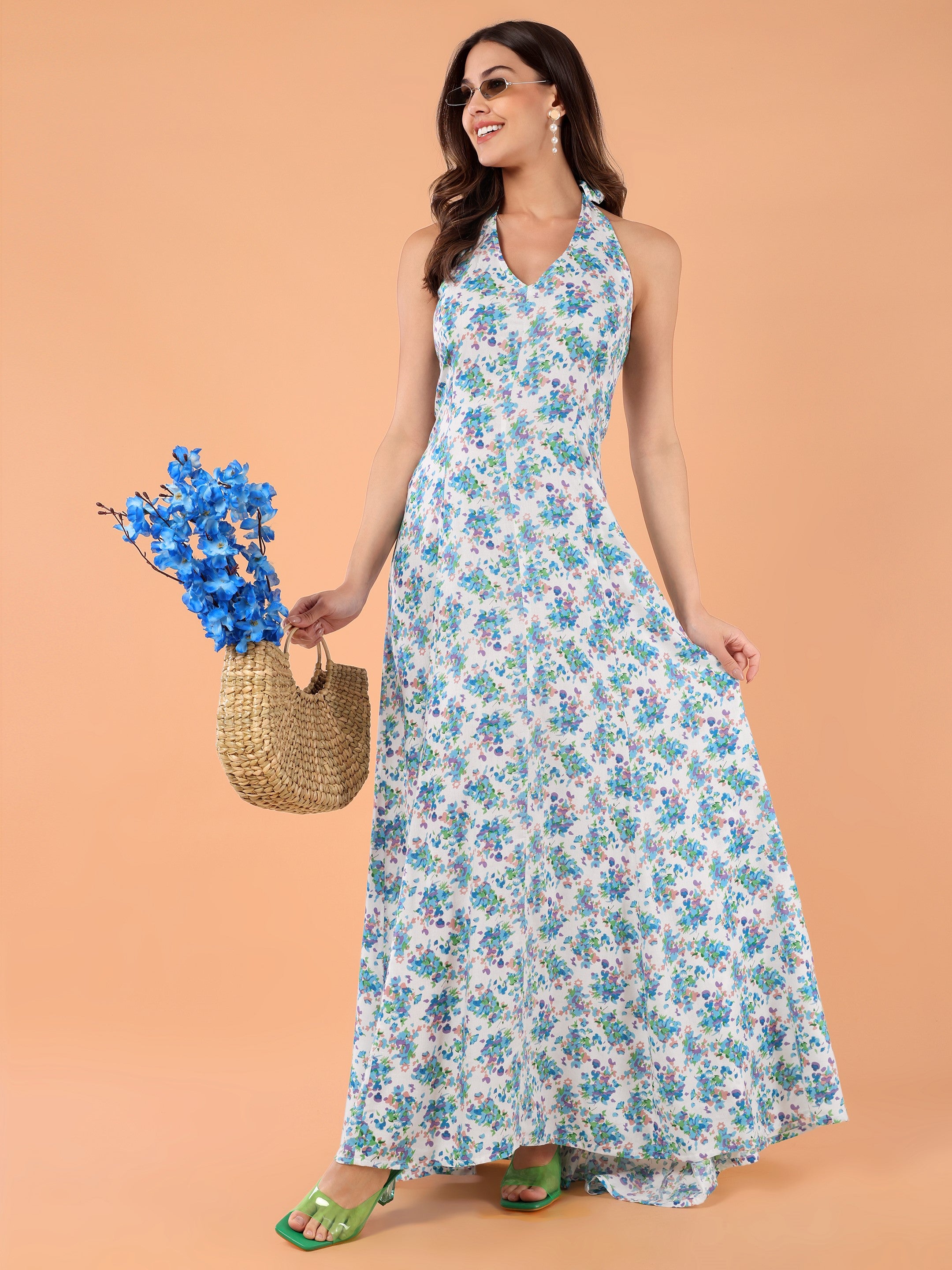 FLORA Halter Neck Dress- Blue