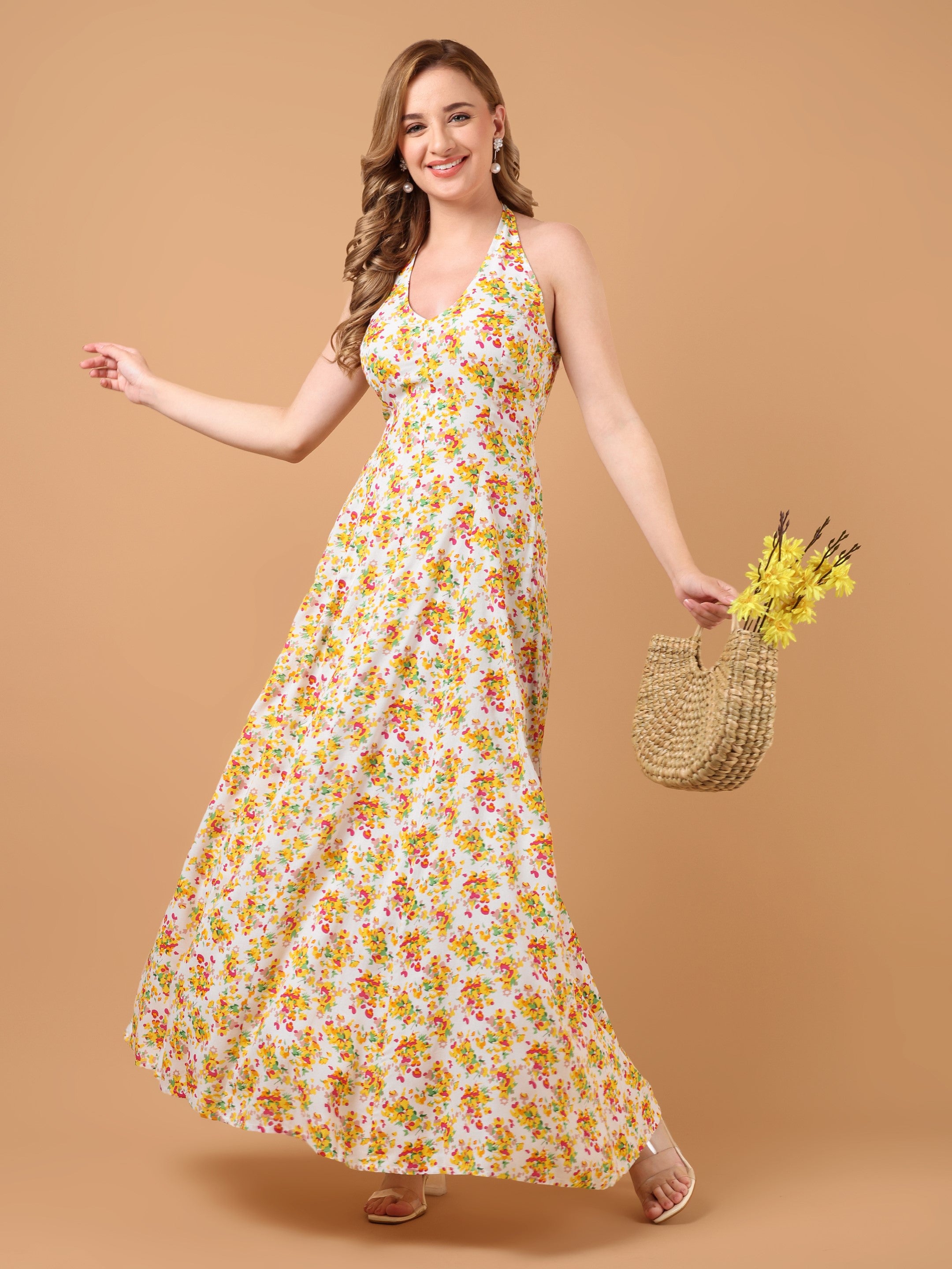 FLORA Halter Neck Dress- Yellow