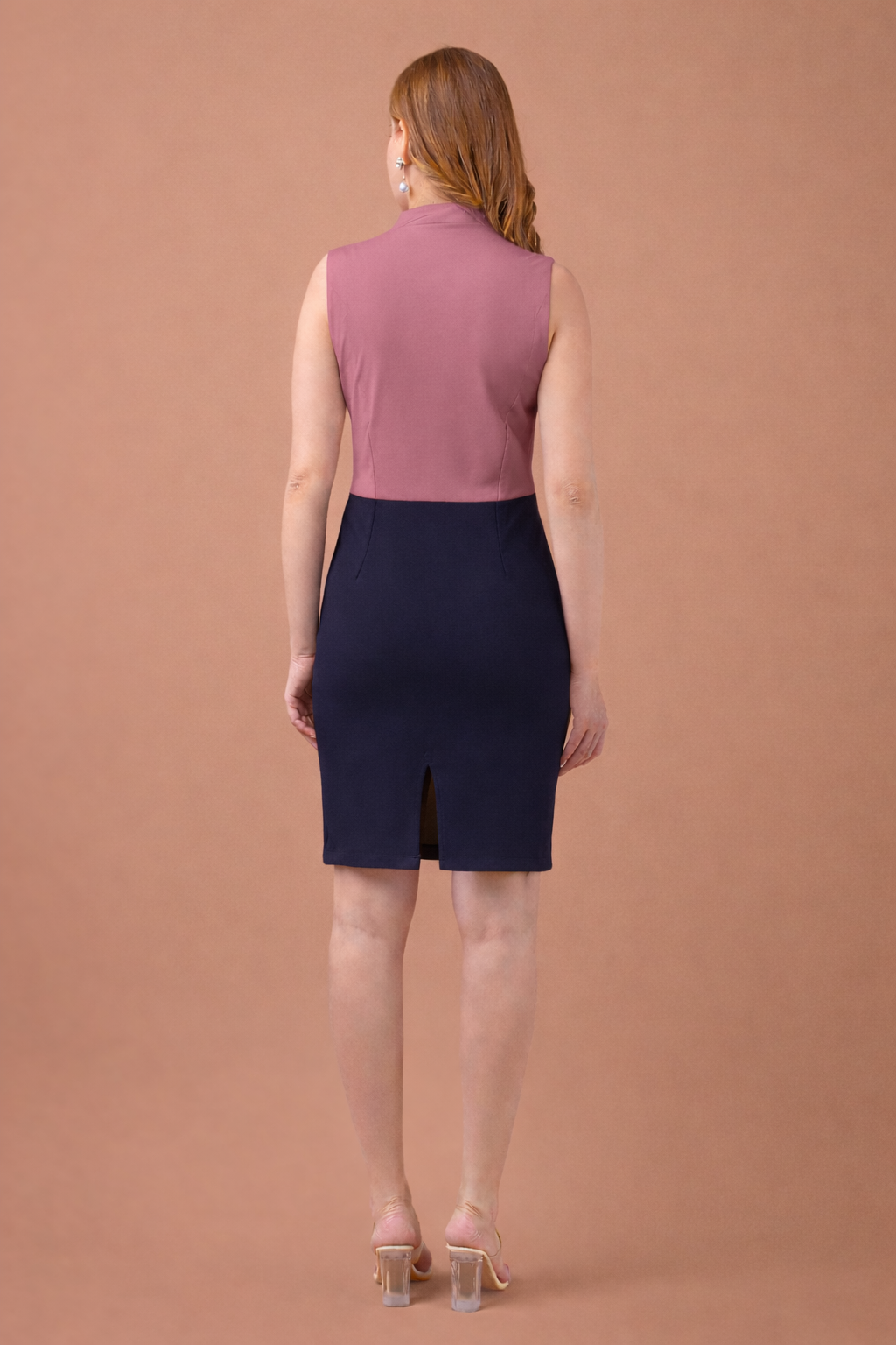 Onion Pink & Navy Blue Color Sleeveless Bodycon Dress in Taiwan Lycra Fabric
