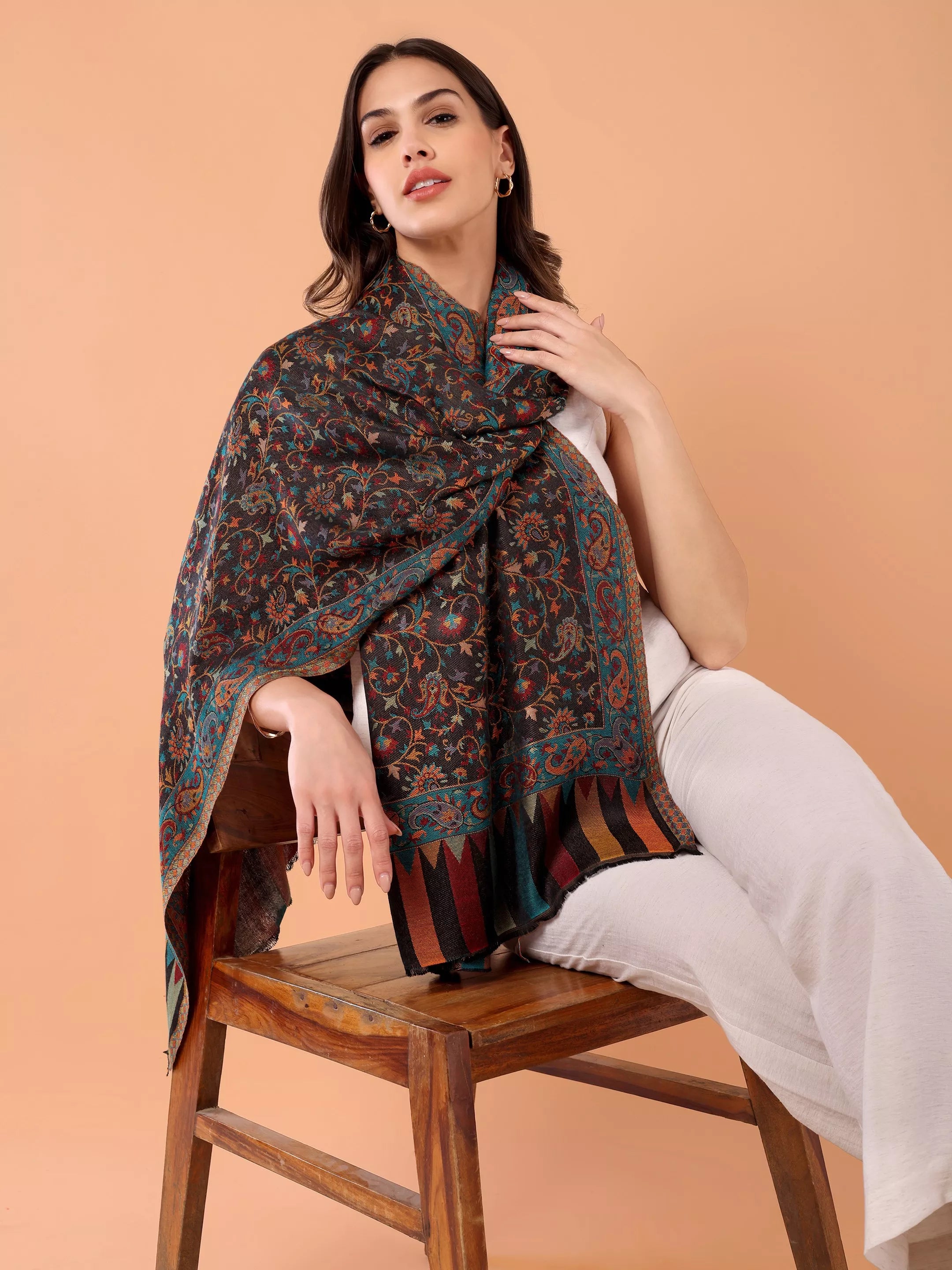SILKINA Paisley Woven Modal Silk Stole-Dark black base