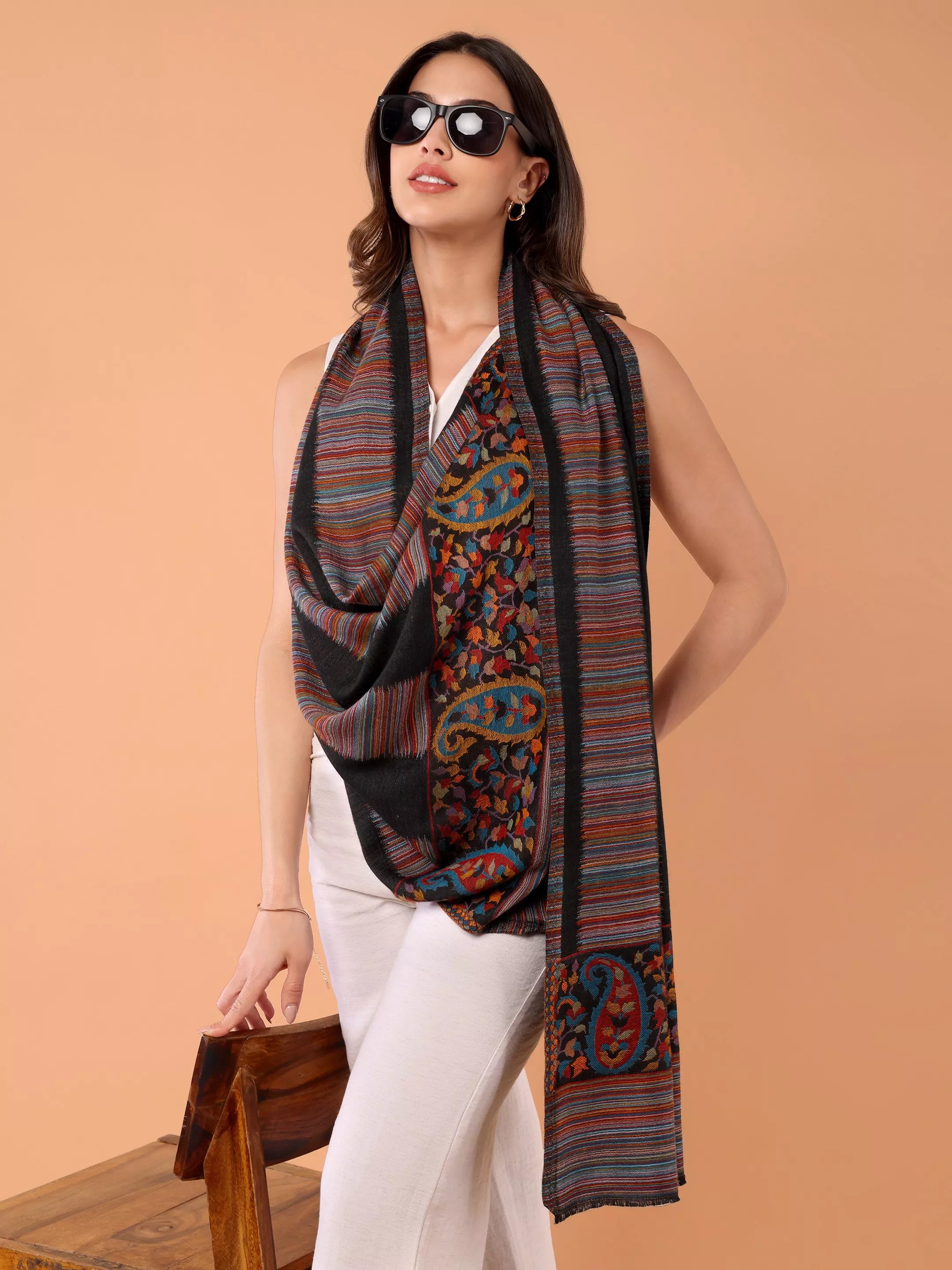 SILKINA Paisley Woven Modal Silk Stole-Dark black base