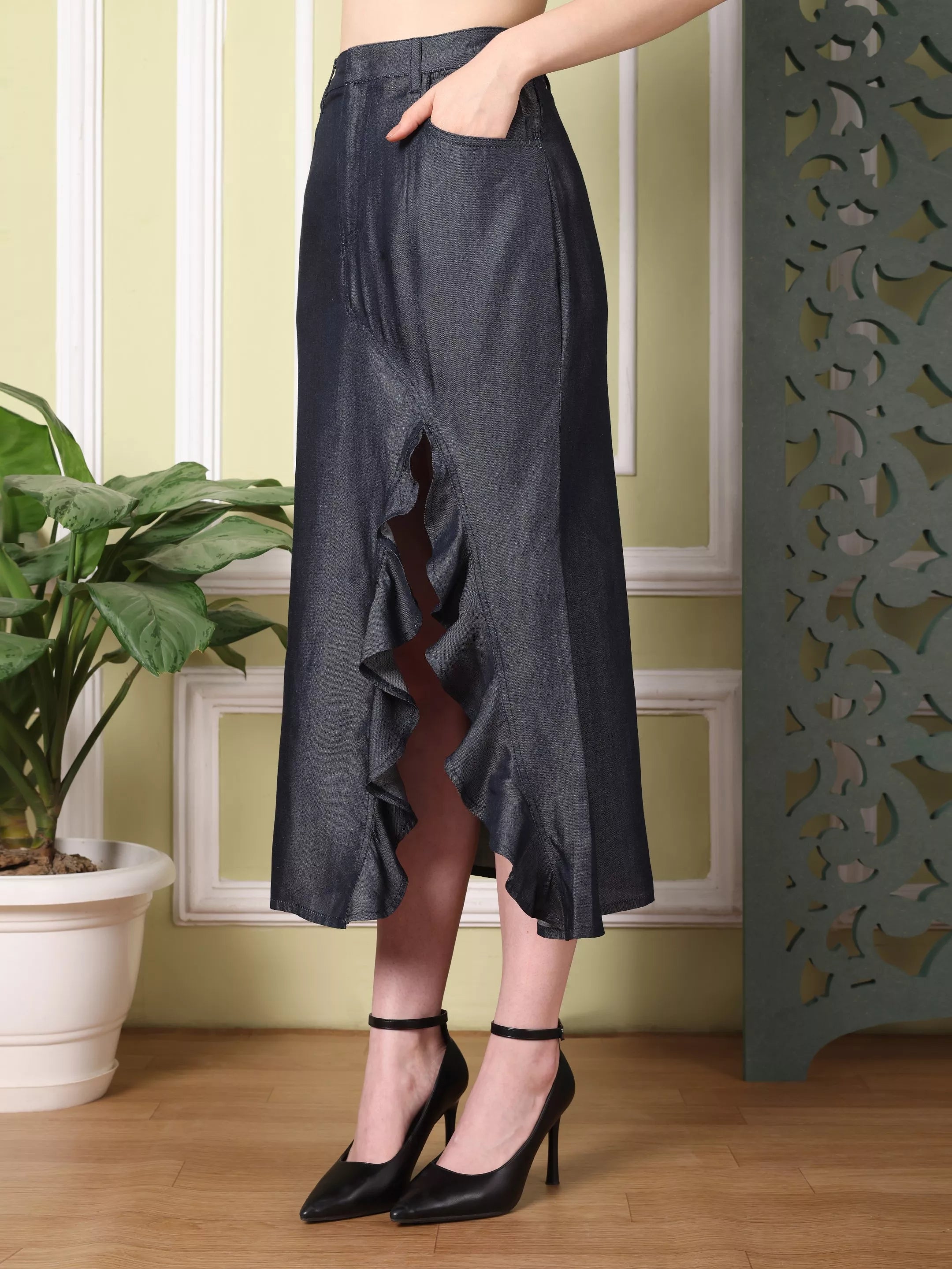 LORIELA Denim Co-ord Set with Front Slit Skirt