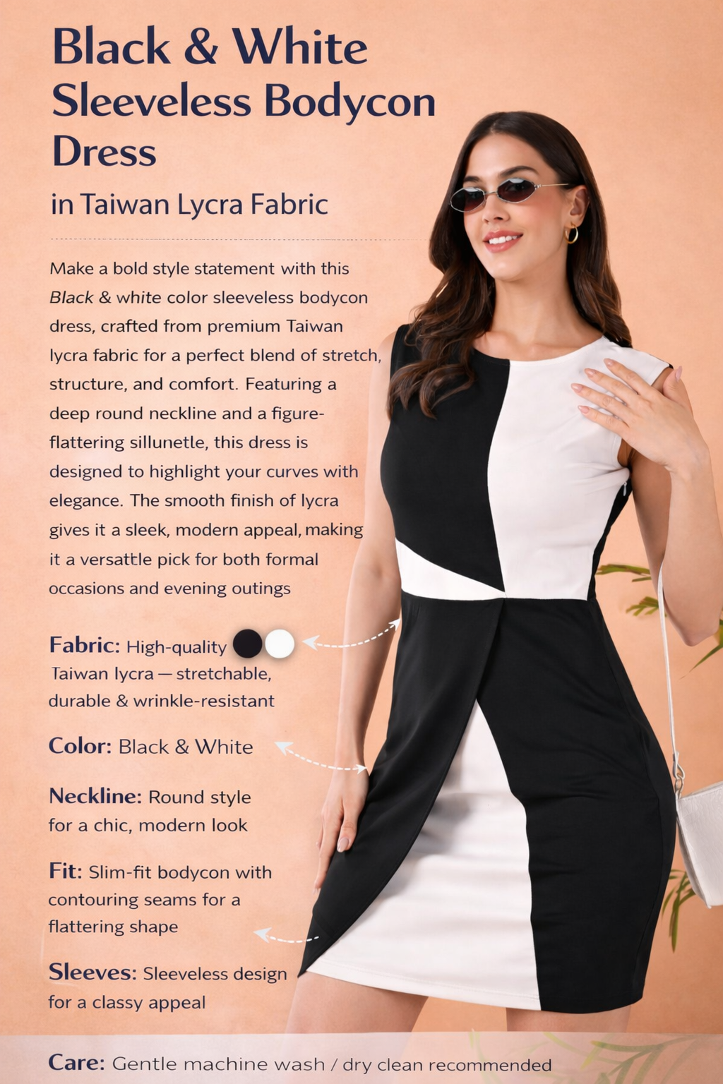 Elira-LL-004H-Black & White Color Sleeveless Bodycon Dress in Taiwan Lycra Fabric